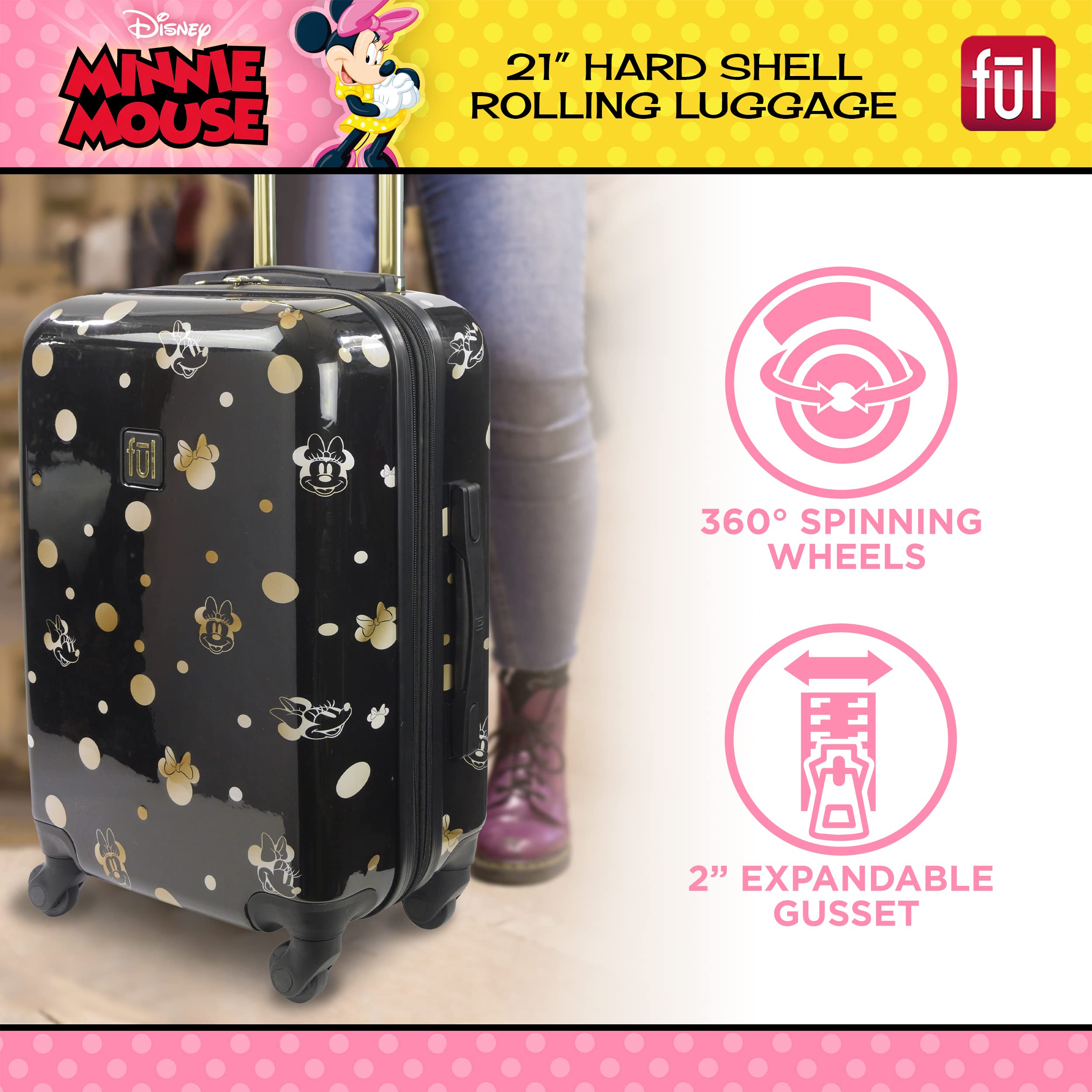 Disney Golden Minnie Mouse Hardshell Spinner Carry-On Luggage - Black Rolling Suitcase for Women & Kids, Perfect for Air Travel, Vacation & Business Trips