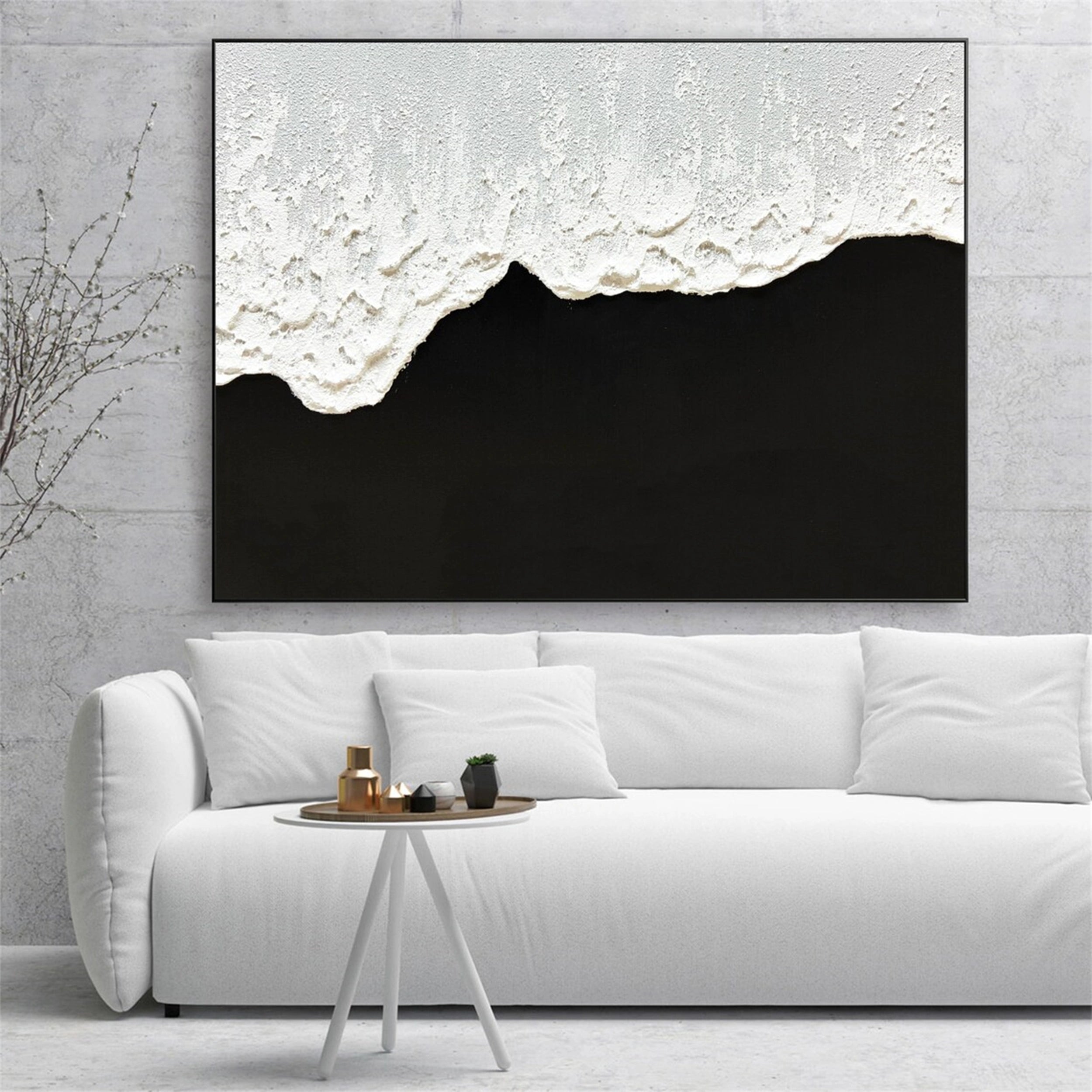 Black and White Textured Minimalist Wall Art Print - Modern Abstract Canvas Painting for Living Room, Bedroom & Office Decor | #MZ058