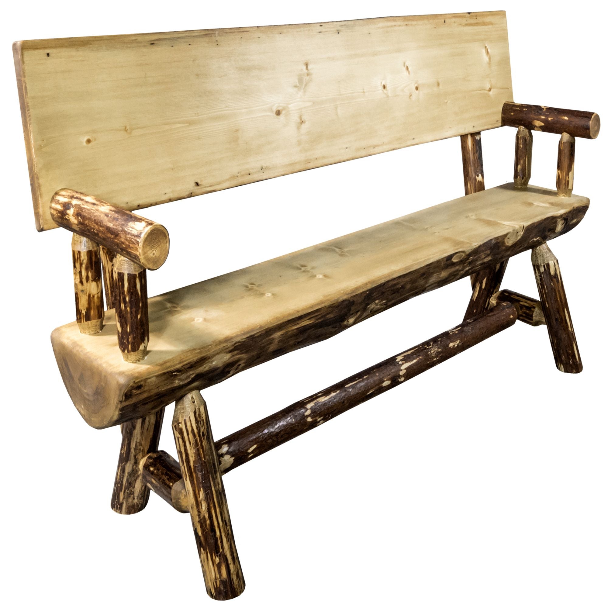 Glacier Country 4-Foot Half Log Bench with Back & Arms - Rustic Outdoor Seating for Patio, Garden, and Camping