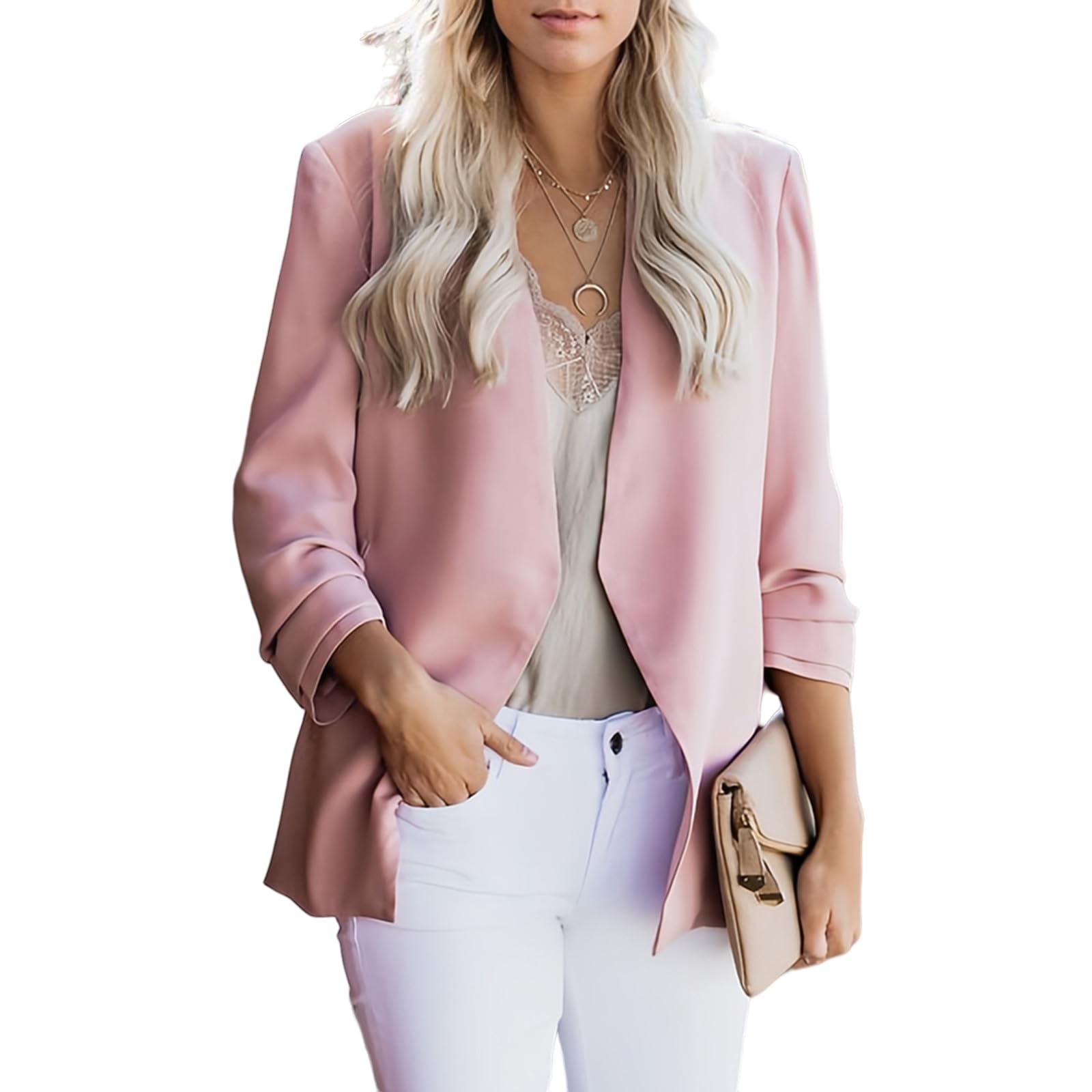Women's 3/4 Sleeve Blazer - Lightweight Office Cardigan with Pockets for Work & Casual Wear