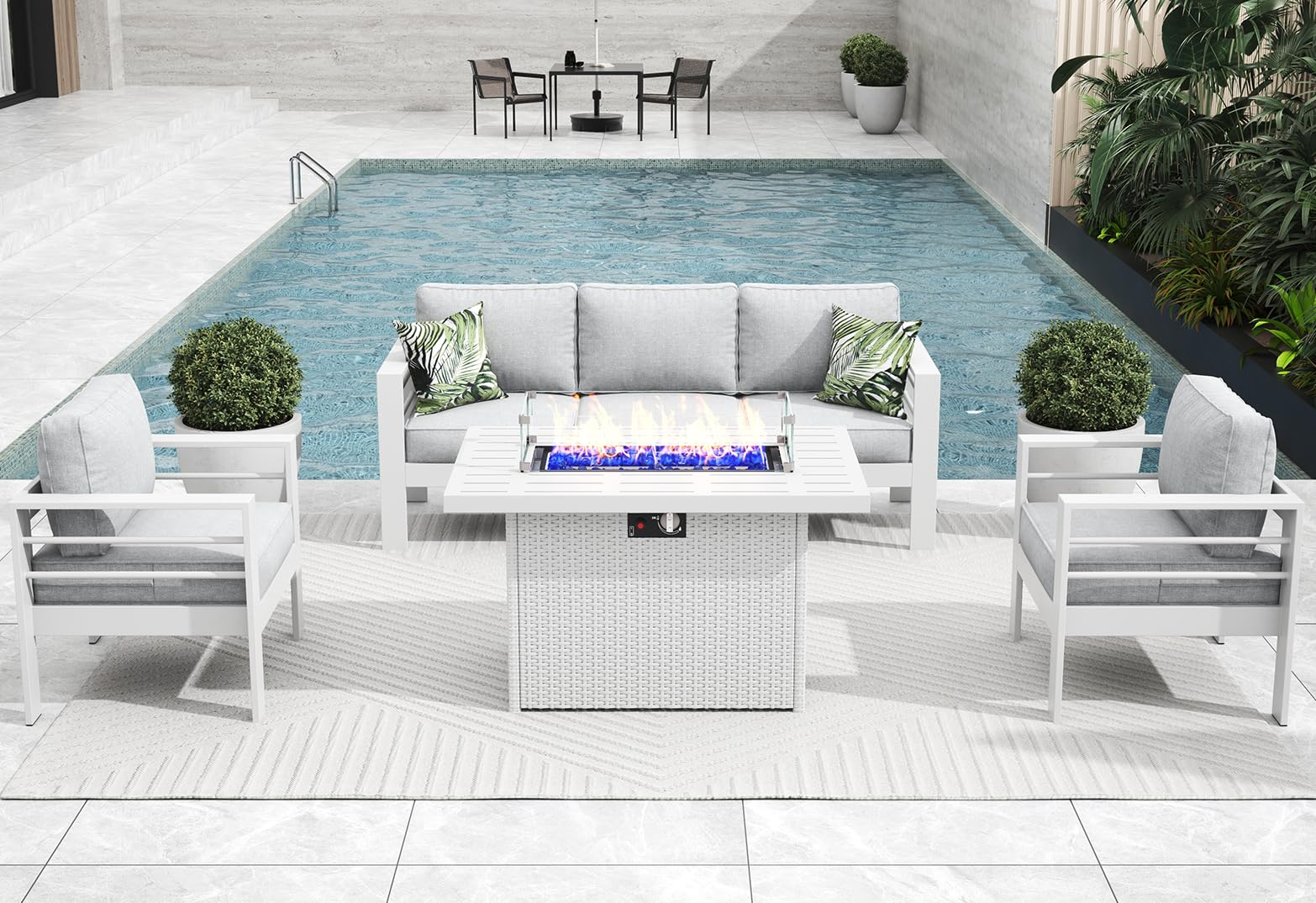 4-Piece Modern Aluminum Patio Furniture Set with Fire Pit Table - Outdoor Metal Sectional Sofa Conversation Set for Backyard, Garden, and Poolside Relaxation