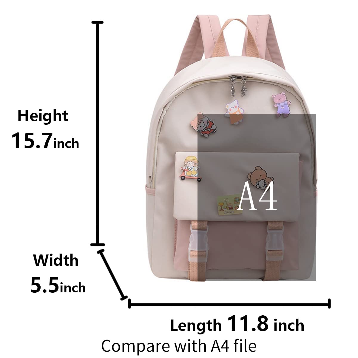 Stylish 15.7 Inch Kawaii Aesthetic Backpack for Women - Cute Japanese College School Bag with Badge Holder (Black) - Perfect for School, Travel & Everyday Use