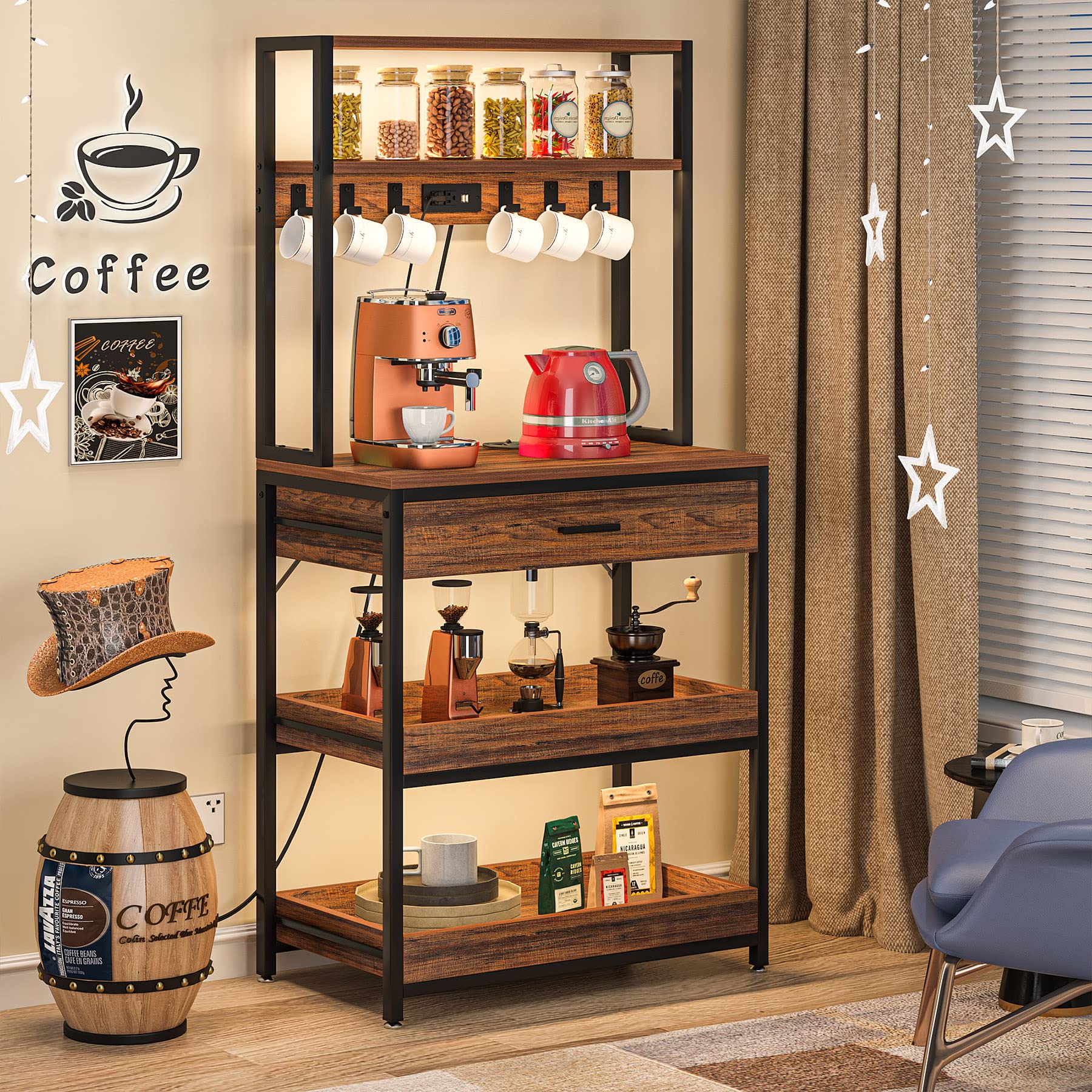 Tribesigns 5-Tier Kitchen Bakers Rack with Power Outlets & Drawer - Freestanding Microwave Stand with Sliding Shelves, Coffee Bar & 6 Hooks - Rustic Brown Kitchen Storage Shelf for Small Spaces, Apartments & Home Organization