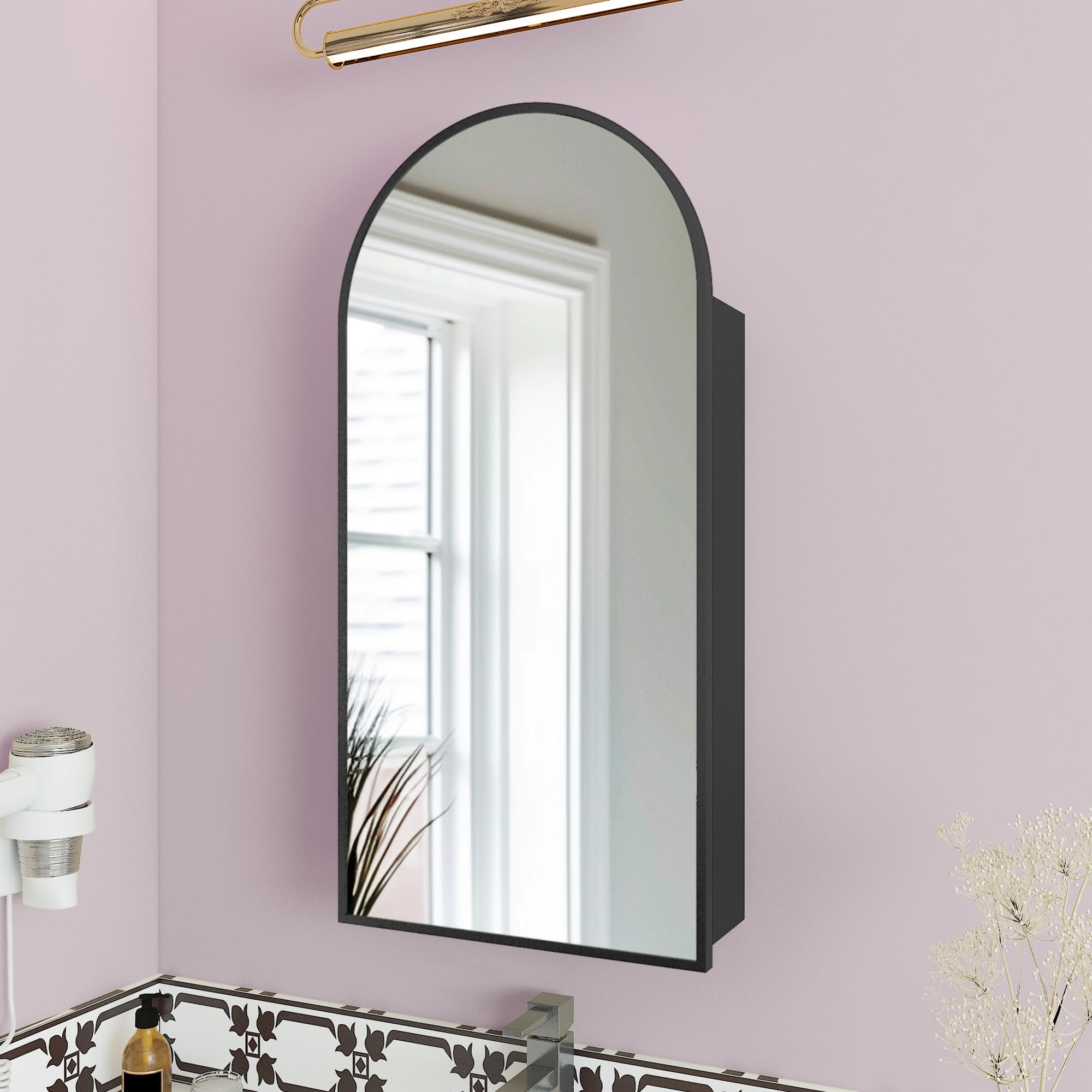 FKWin Arched Medicine Cabinet with Mirror - 20x30 Inch Bathroom Storage Mirror, Aluminum Alloy Vanity Mirror with 3 Adjustable Shelves, Surface Mounted (Not Recessed) Black - Perfect for Small Bathrooms, Powder Rooms & Apartment Living