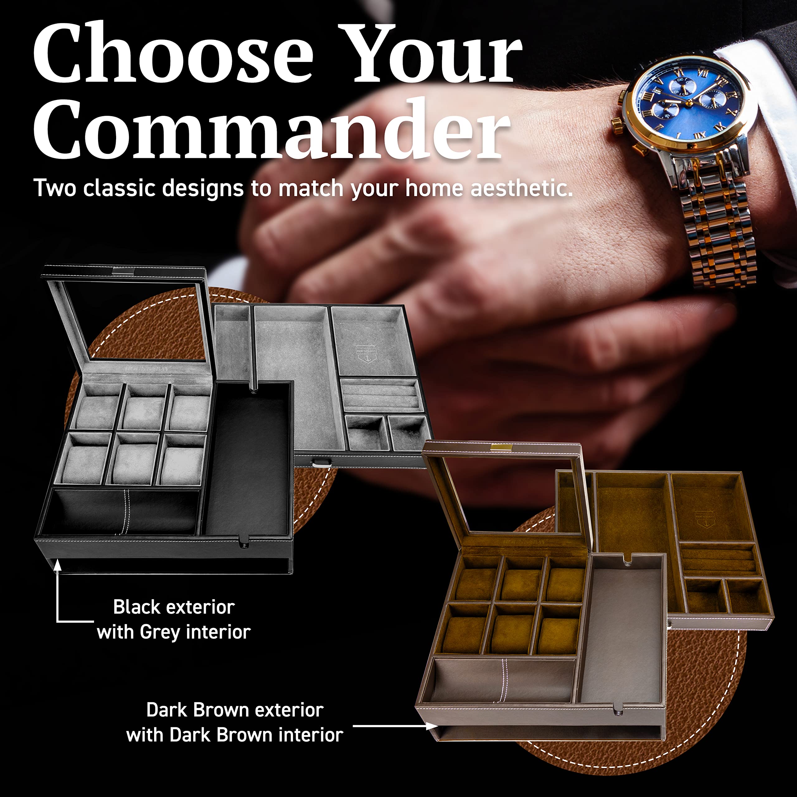 HOUNDSBAY Men's Watch Box & Jewelry Organizer - Display Case & Valet Tray for Nightstand
