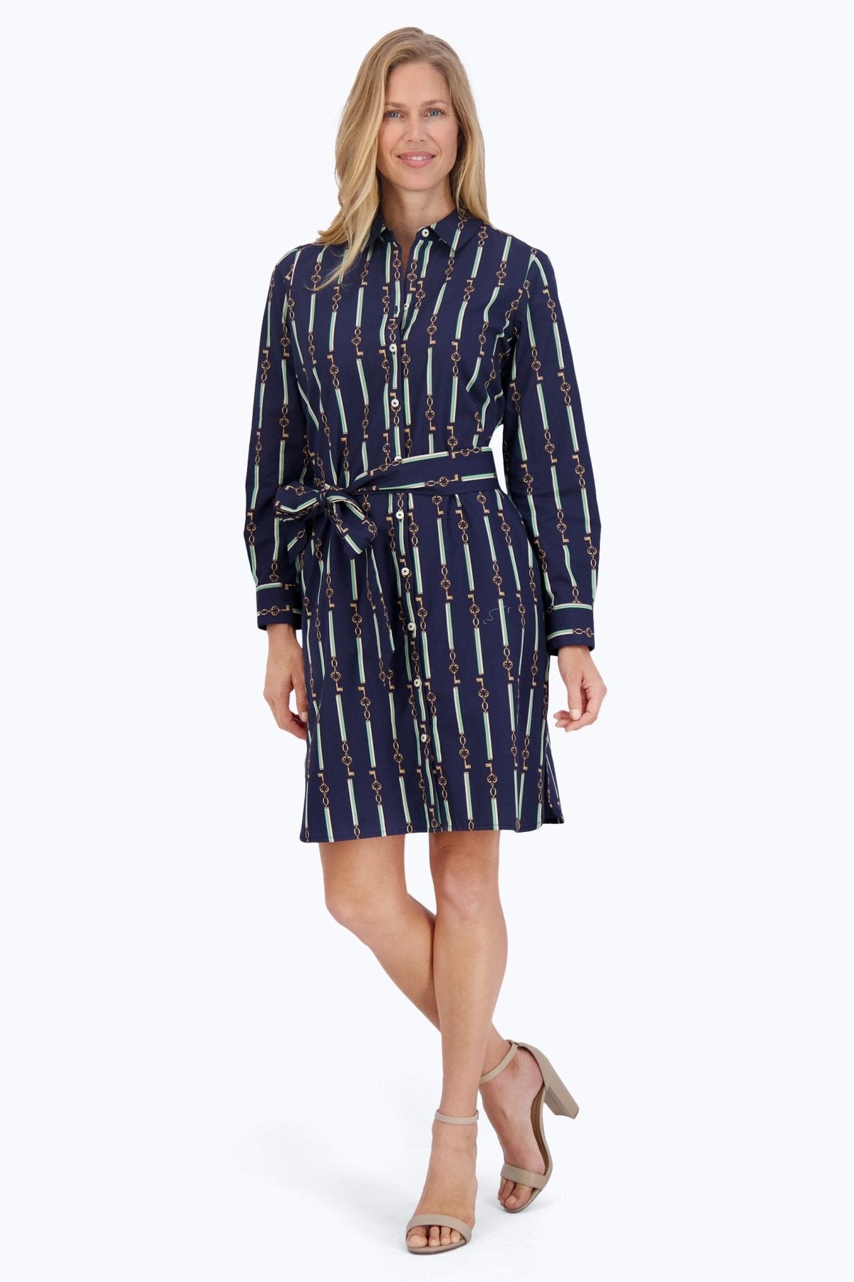 Rocca Women's Striped Long Sleeve Dress with Keychain Detail - Casual Office Wear & Party Outfit