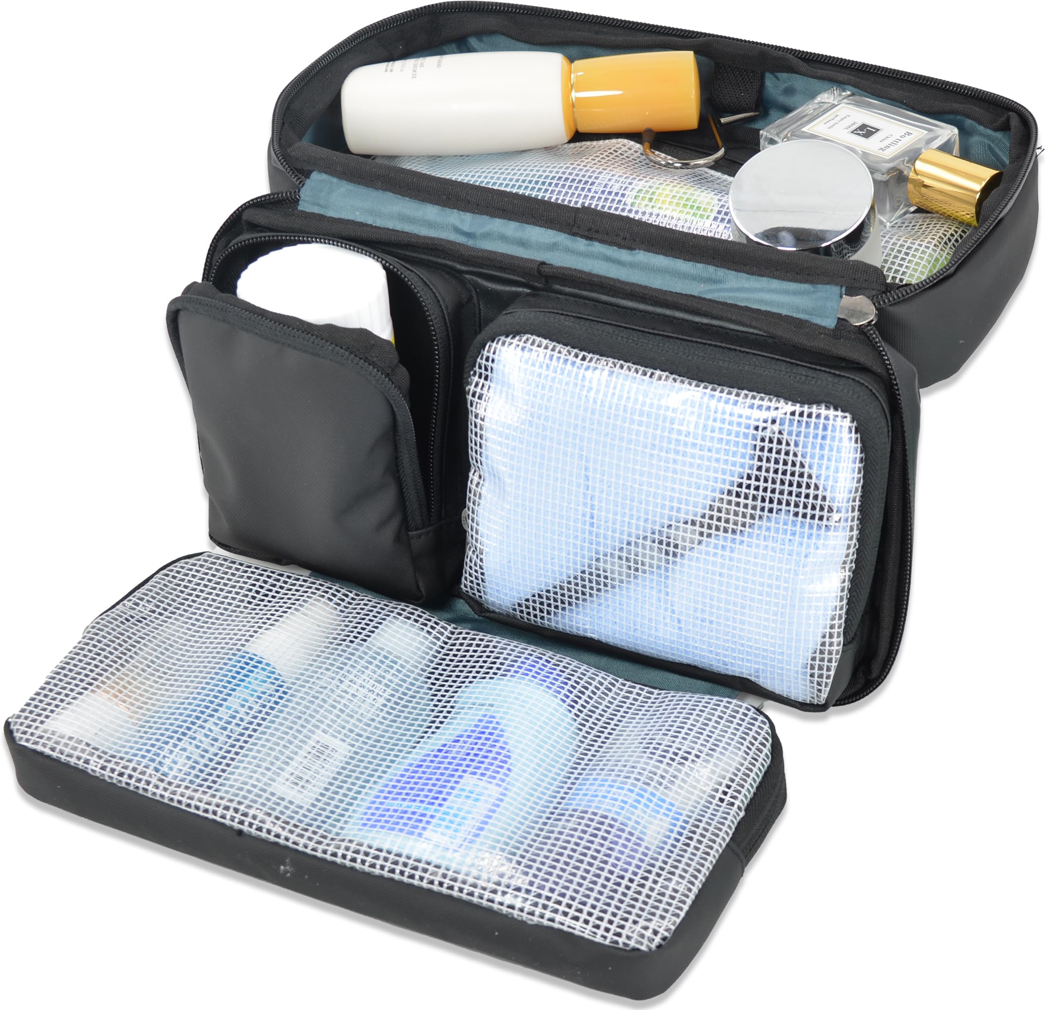 WELKINLAND 6-Pocket Hanging Toiletry Bag for Men - Waterproof Travel Shaving & Shower Organizer - Perfect for Gym, Camping, Business Trips & Overnight Stays (Black)