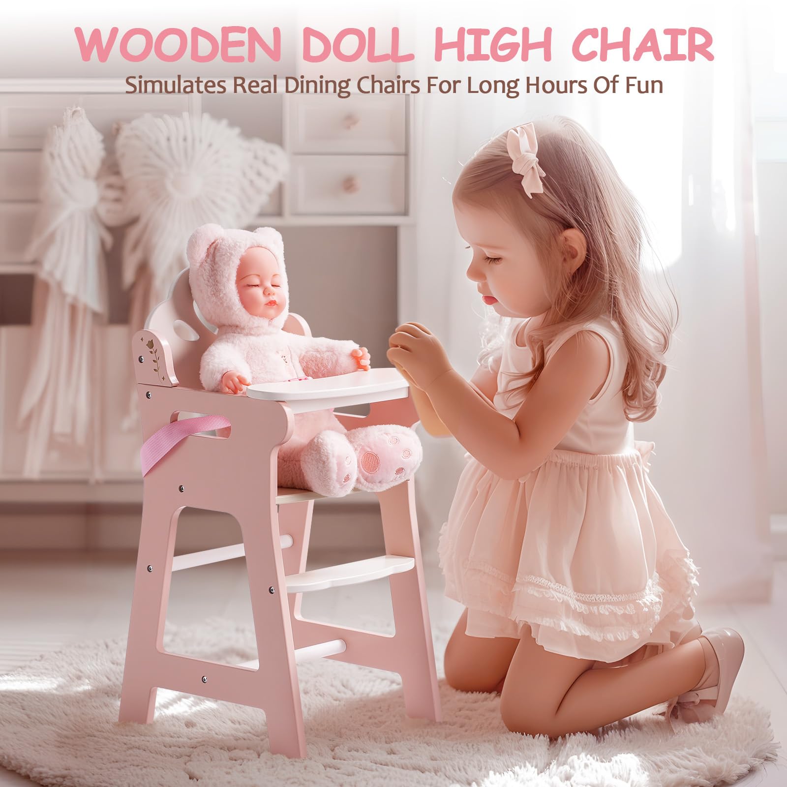 ROBOTIME Wooden Baby Doll High Chair with Safety Belt - Pretend Play for 18