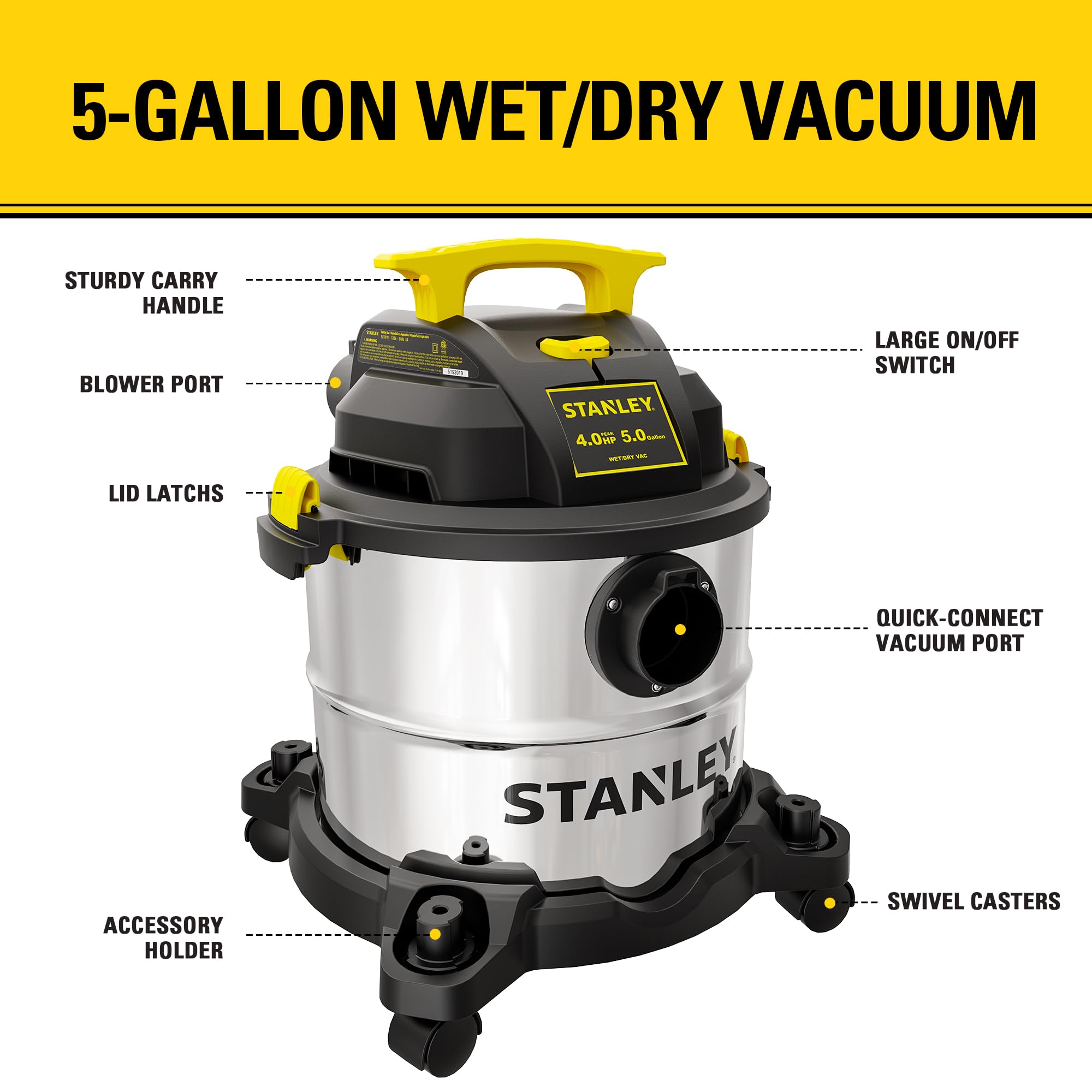 STANLEY SL18115 5-Gallon 4HP Wet/Dry Vacuum Cleaner with Stainless Steel Tank - Portable Shop Vac for Home, Workshop & Jobsite - Includes Vacuum Attachments for Dust Collection (Silver & Yellow) - Perfect for Garage Cleaning, Construction Debris & DIY Projects