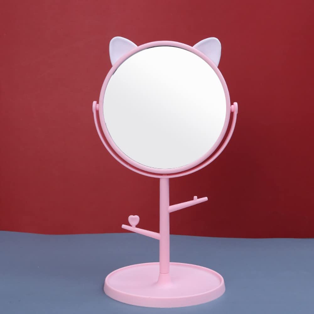 Leeonz Cute Cat Ears Vanity Mirror - Adjustable Folding Makeup Mirror for Desk, Bathroom & Bedroom | Portable Freestanding Cosmetic Mirror with Stand (Pink) | Perfect for Makeup Application, Skincare Routine & Home Decor