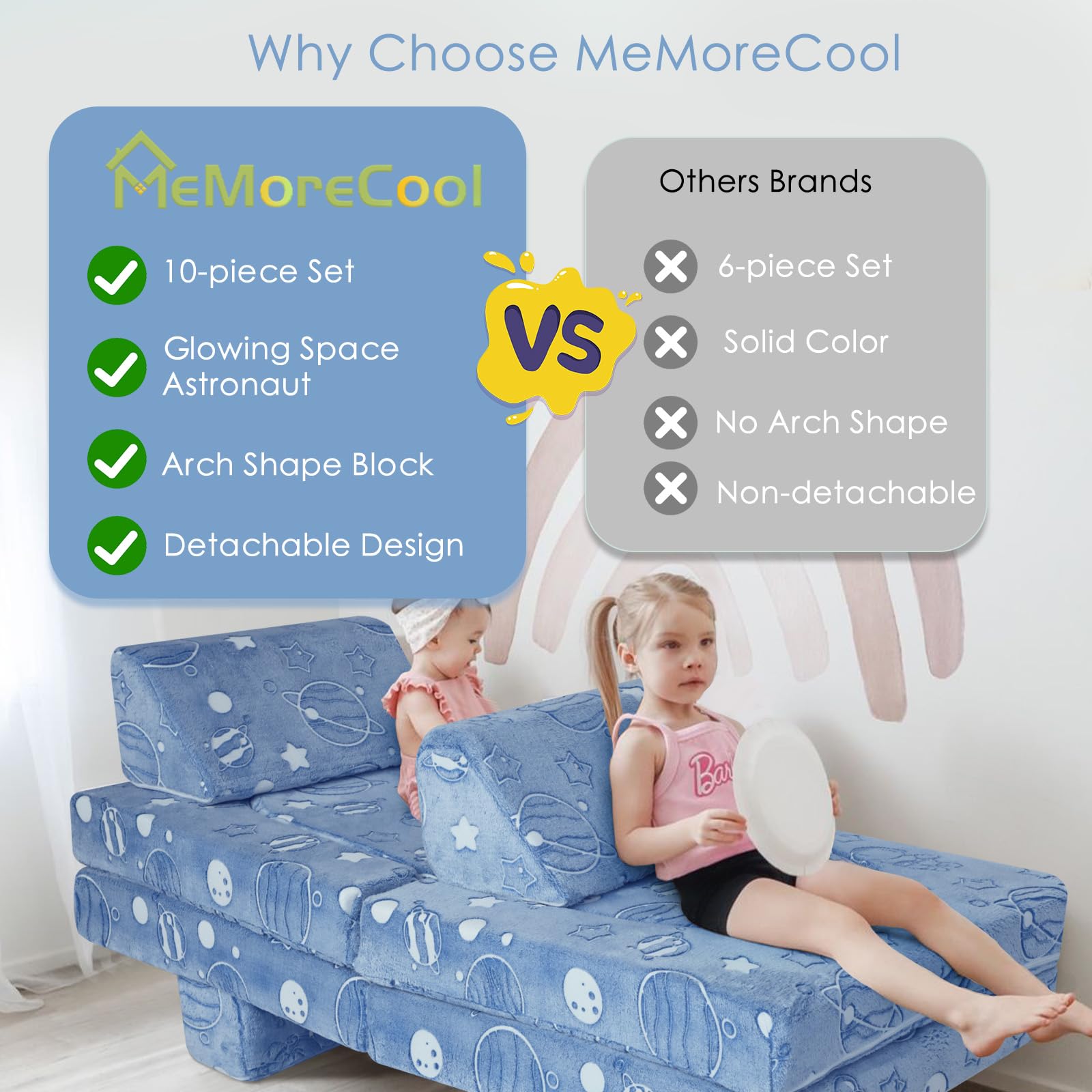 MeMoreCool Kids Couch - 10-Piece Modular Play Sofa for Boys & Girls | Foldable Playroom Furniture | Glow-in-the-Dark Space Theme | Perfect for Playrooms, Bedrooms & Daycare Centers