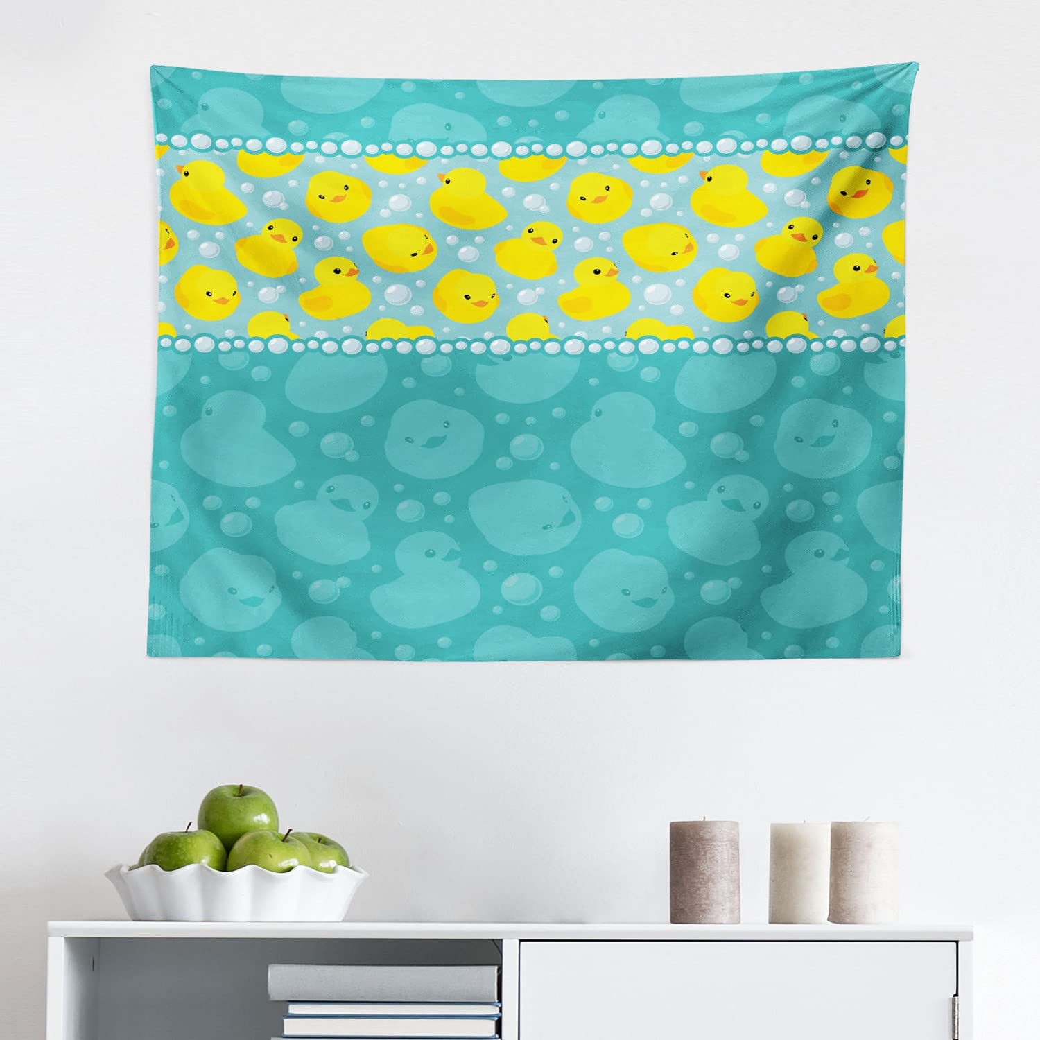 Ambesonne Rubber Duck Tapestry - Cute Cartoon Duckies Swimming with Bubbles in Aqua Colors, 28x23 Inch Teal Blue Fabric Wall Hanging Decor for Bedroom, Living Room, Dorm | Perfect for Nursery, Bathroom & Kids Room Decor