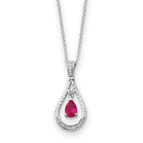 July Birthstone Pendant Necklace for Women - Red CZ 'Never Forget Tear' Charm in Rhodium-Plated Sterling Silver, 18