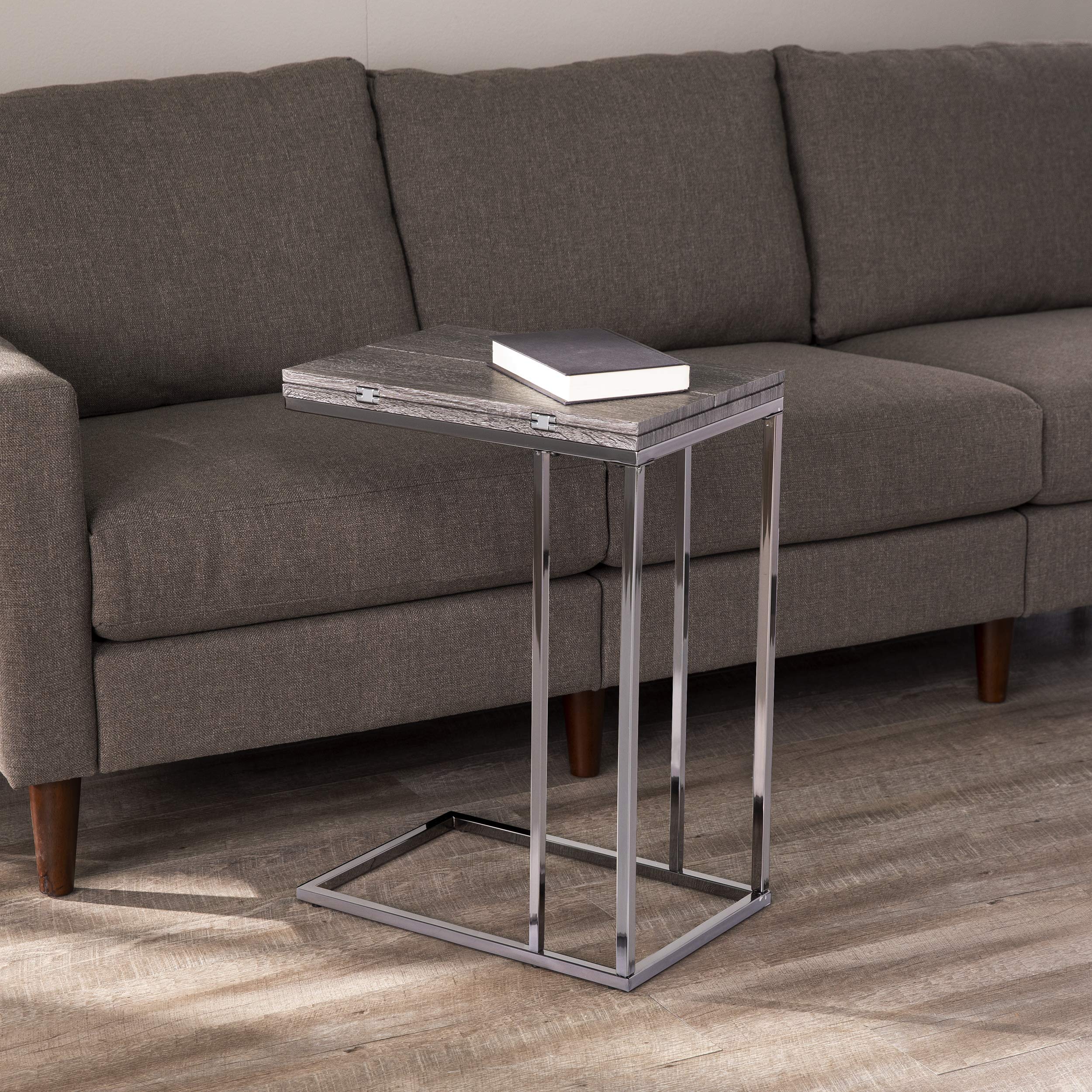 SEI Furniture Clarkdom End Table - Graywash & High Gloss Black Finish - Modern Nightstand for Living Room, Bedroom, or Office