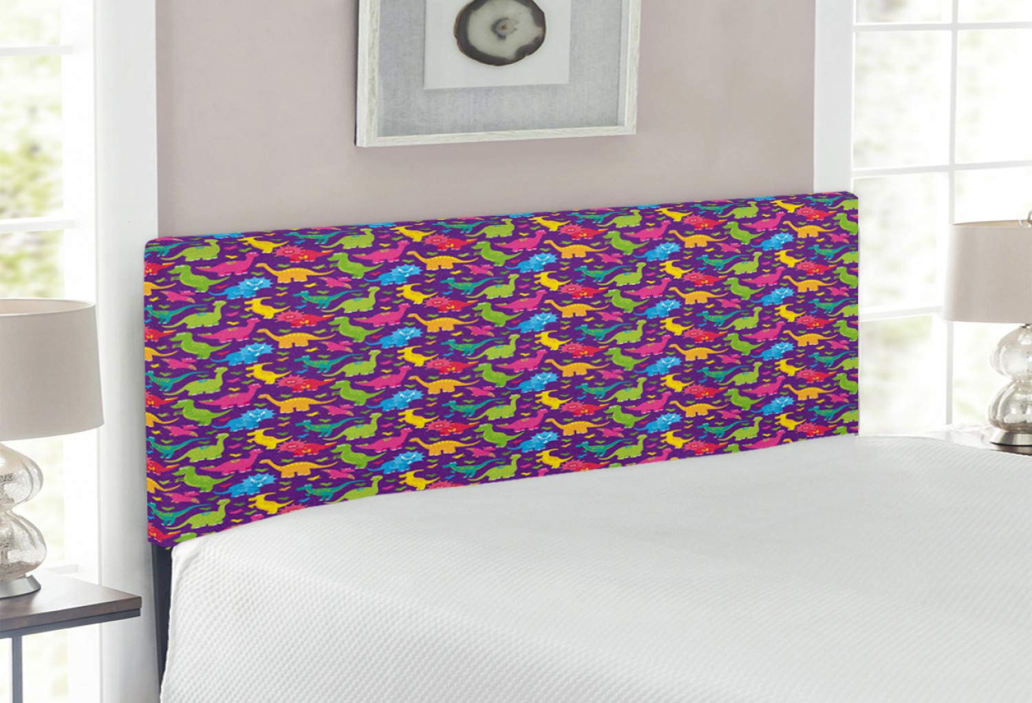 Lunarable Fantasy Headboard - Vibrant Tile Pattern with Prehistoric Dinosaur T-Rex Design, Upholstered Decorative Metal Bed Frame with Memory Foam Padding, Full Size Headboard in Multicolor | Perfect for Kids' Bedroom, Dinosaur Themed Nursery, or Unique Home Decor