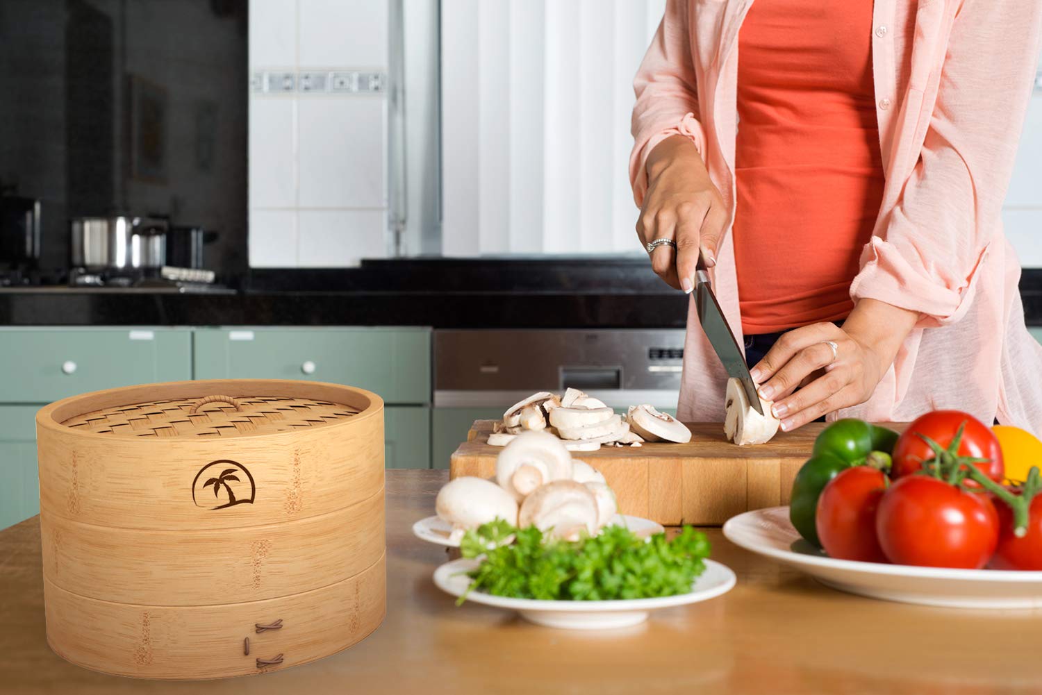 Premium 2-Tier 10-inch Bamboo Steamer Basket Set with Lid - 3-Piece Dumpling Steamer, 2 Chopsticks & 50 Perforated Liners | Perfect for Asian Cooking, Dim Sum, Dumplings, Rice & Vegetables | Microwave & Dishwasher Safe
