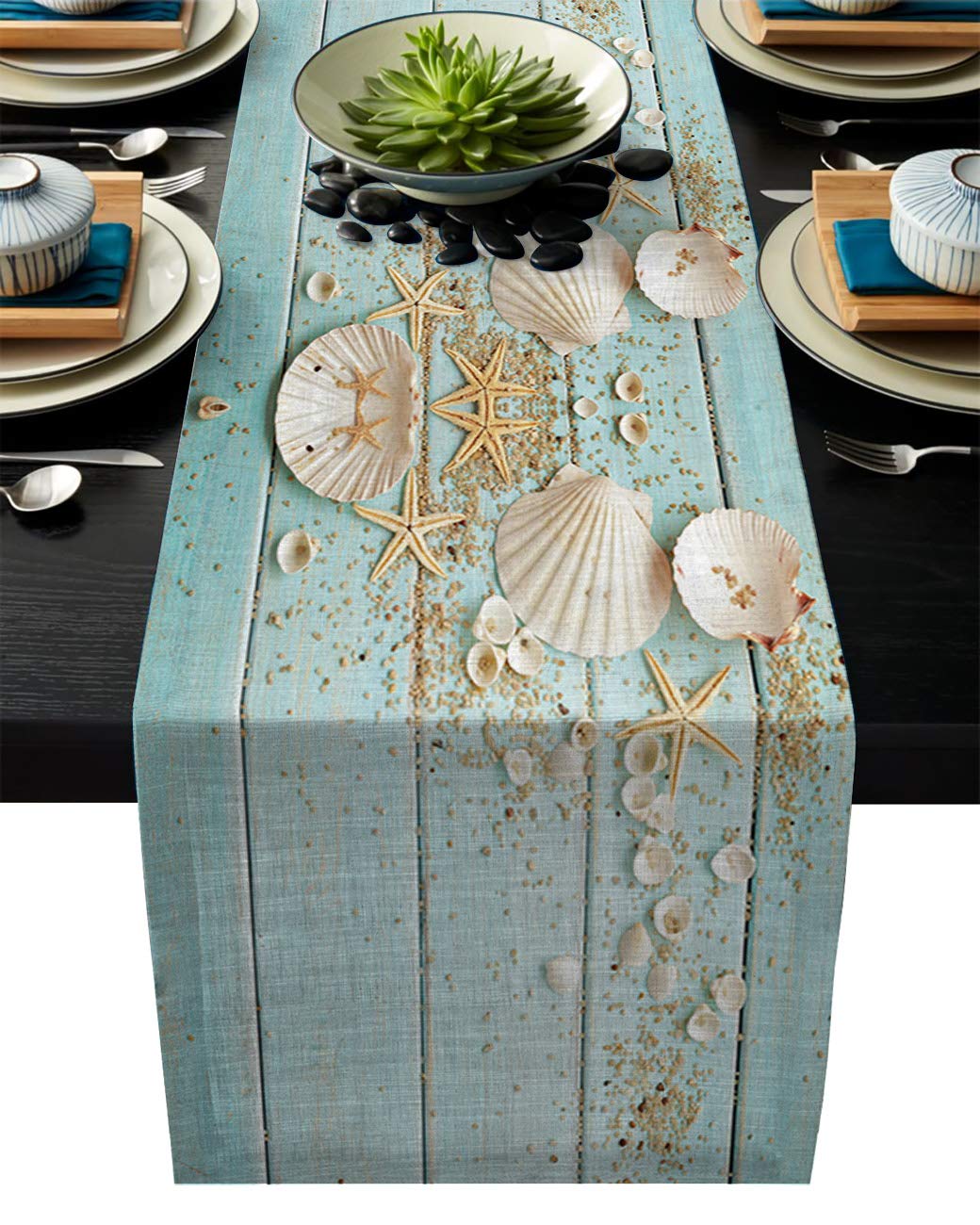 Premium Linen Burlap Table Runner 18x72 Inch - Coastal Starfish Shell Design for Farmhouse Kitchen, Wedding Decor, Holiday Parties & Special Events - Elegant Dresser Scarves for Dining Table, Buffet & Home Decor