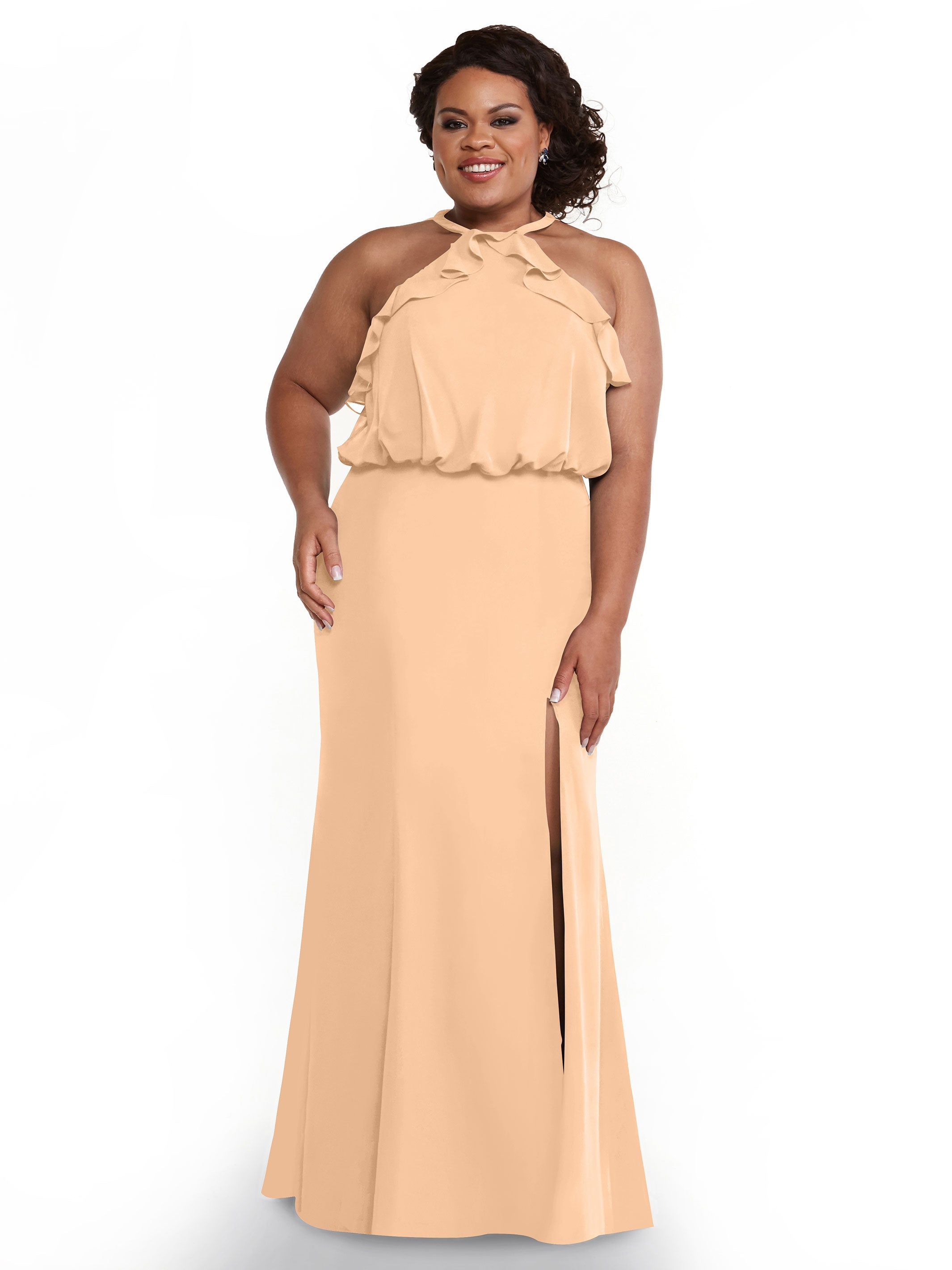 Elegant 80147 Fit and Flare Chiffon Bridesmaid Dress with Ruffled Neckline & Thigh Slit - Perfect for Weddings, Proms, and Formal Events