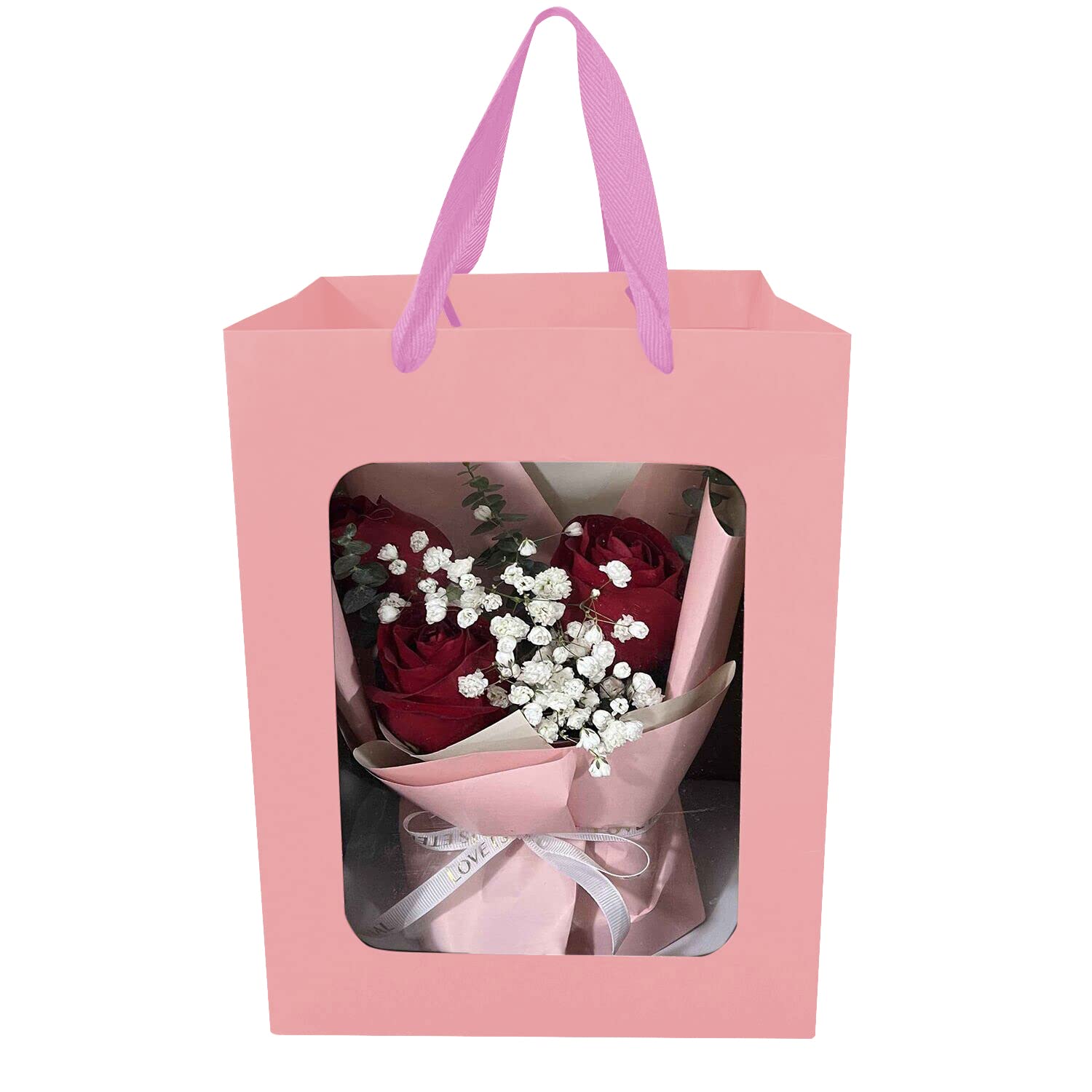 12 Pack Pink Kraft Paper Gift Bags with Clear Window - 9.84