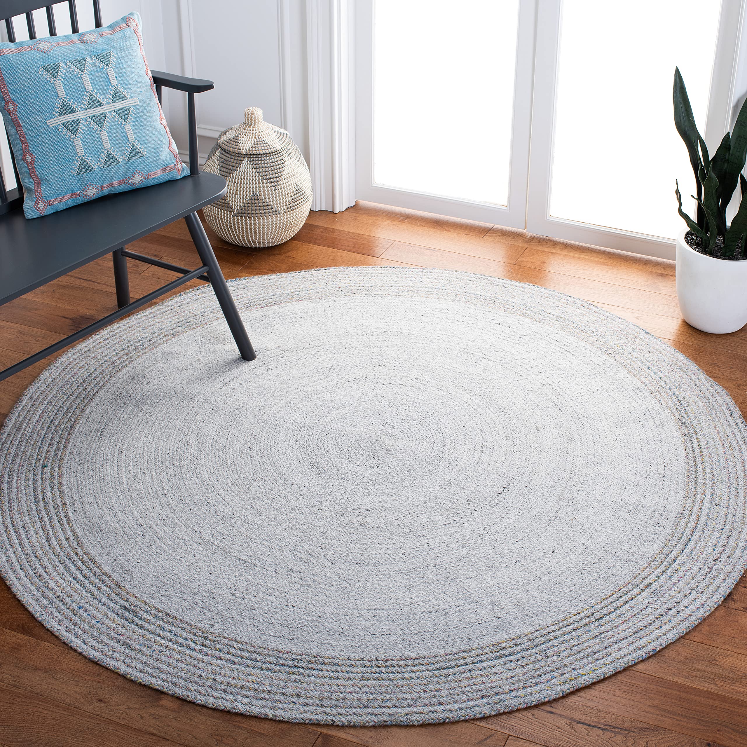 SAFAVIEH Cape Cod Collection 7-Foot Round Grey & Yellow Handmade Braided Area Rug - Perfect for Living Room, Bedroom, or Dining Room Decor