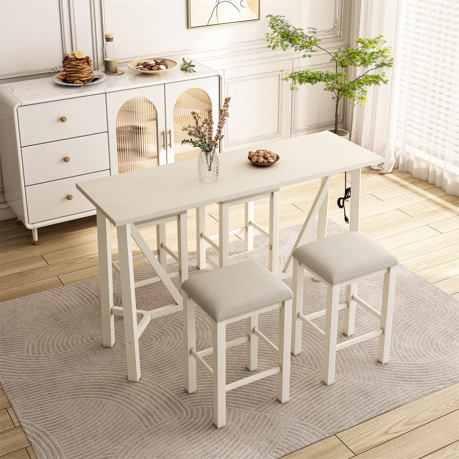 Polibi 5-Piece Dining Table Set with Built-in Power Outlets - Rubberwood Kitchen Table & 4 Upholstered Stools - Beige Modern Dining Room Furniture for Small Spaces & Breakfast Nooks
