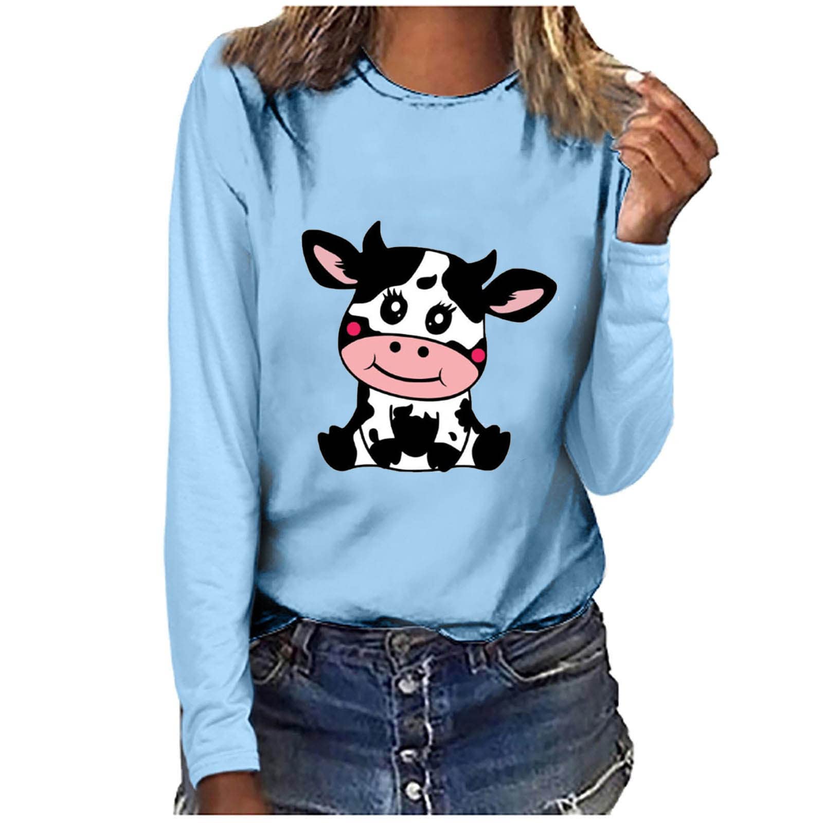 Women's Cute Milk Cow Graphic Print Long Sleeve T-Shirt - Crewneck Tunic Blouse, Casual Loose Fit Top for Everyday Wear | Perfect for Farm Visits, Country Outings & Cow-Themed Parties
