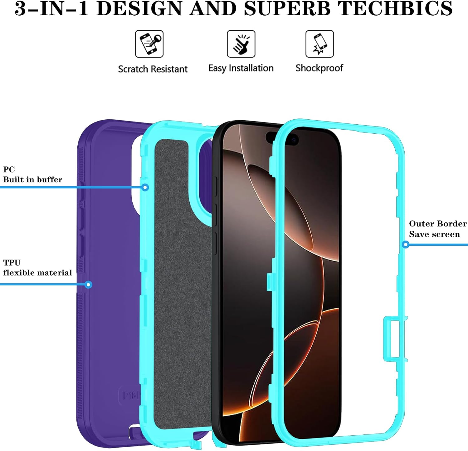 iPhone 16 Pro Case with HD Screen Protector - Heavy Duty Shockproof & Dustproof Cover in Purple & Sky Blue | Perfect for Outdoor Activities, Travel & Daily Protection