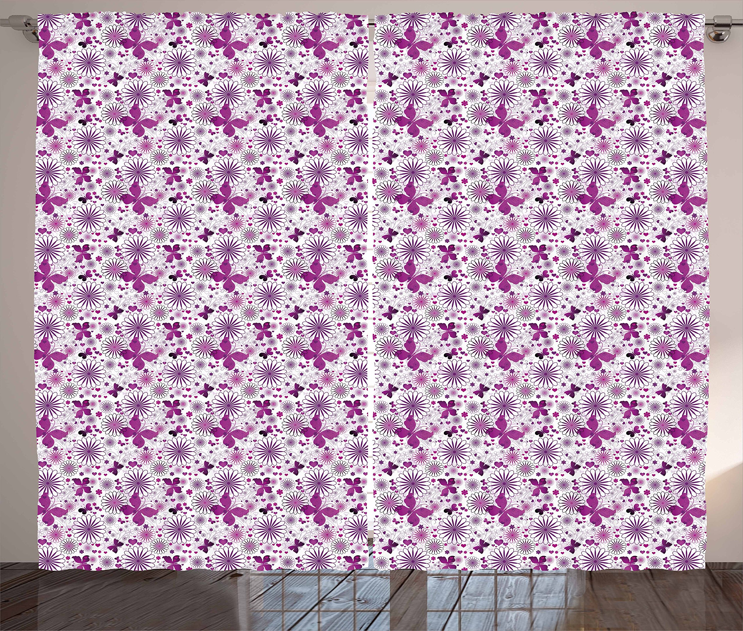 Ambesonne Butterfly Curtains - Hand Drawn Floral & Fauna Vintage Design with Contrasting Purple & White Colors, 2 Panel Set 108