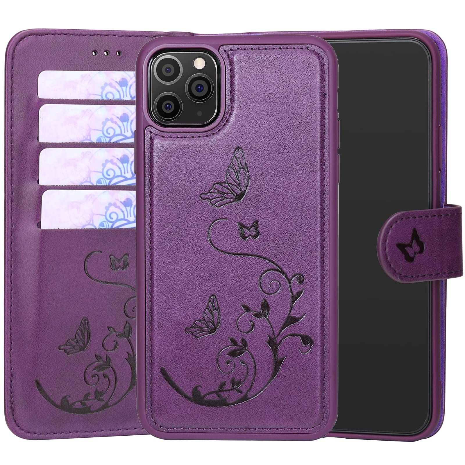 WaterFox iPhone 11 Pro Max Wallet Case with 4 Card Slots & Magnetic Kickstand - Detachable PU Leather Flip Folio Cover with Wrist Strap & Floral Design for Women & Girls (Purple) - Perfect for Shopping, Travel & Everyday Use