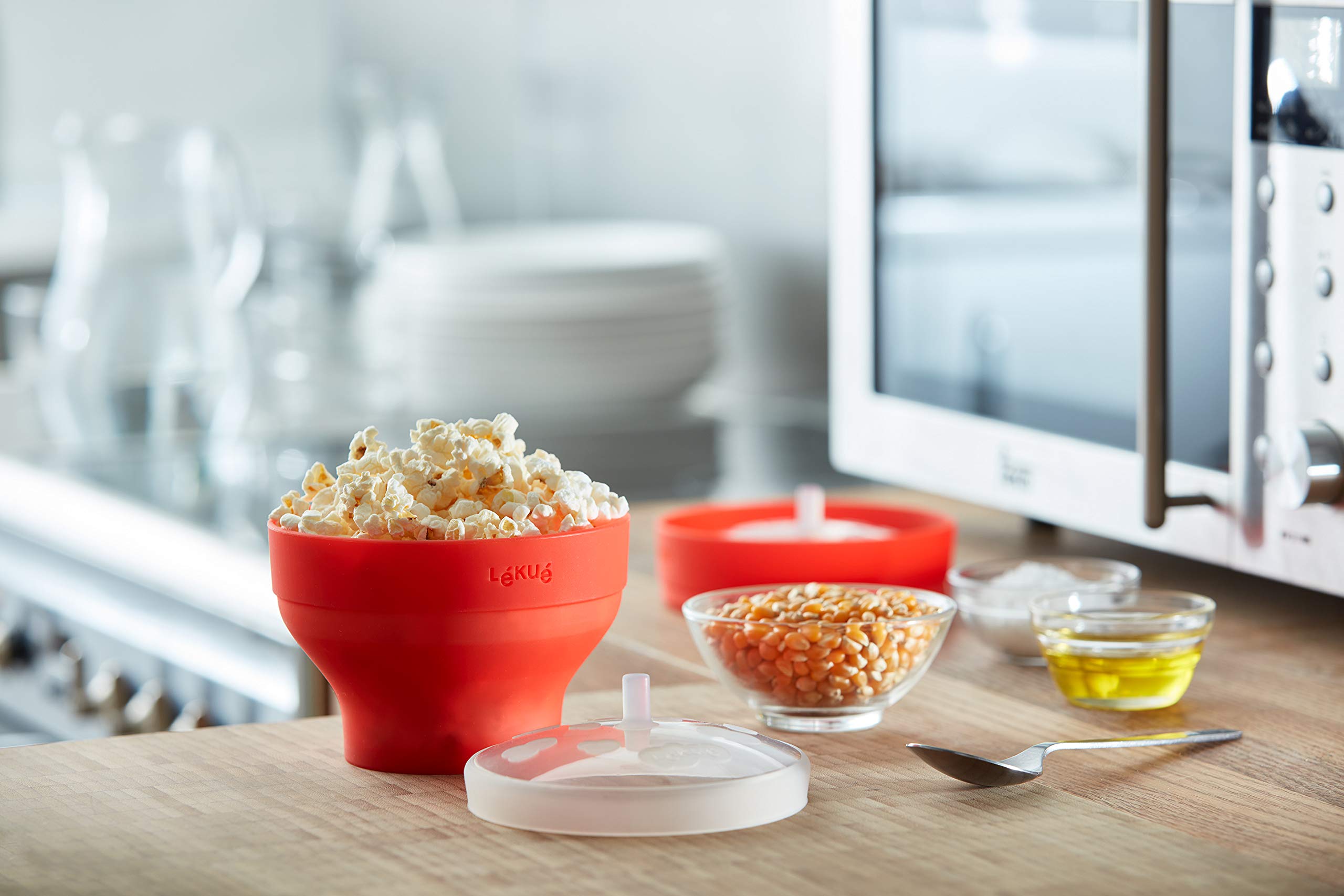 Lékué Mini Microwave Popcorn Maker - 2 Piece Set, Red - Perfect for Movie Nights & Healthy Snacking at Home
