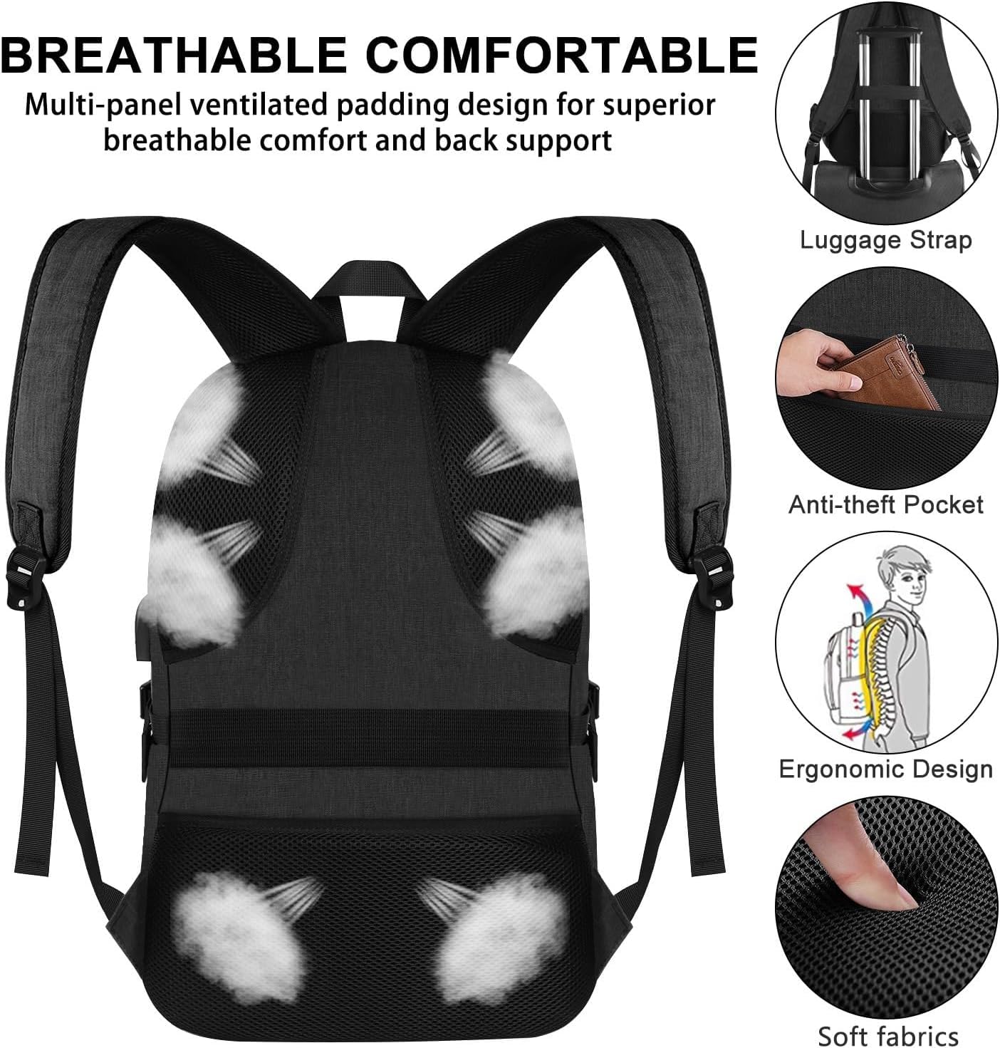VSNOON Anti-Theft Laptop Backpack for 15.6-17.3 Inch Business & Travel, USB Charging Port & Lock, Water Resistant Computer Bag for Women & Men, Black – Ideal for Commuting, Work & Study