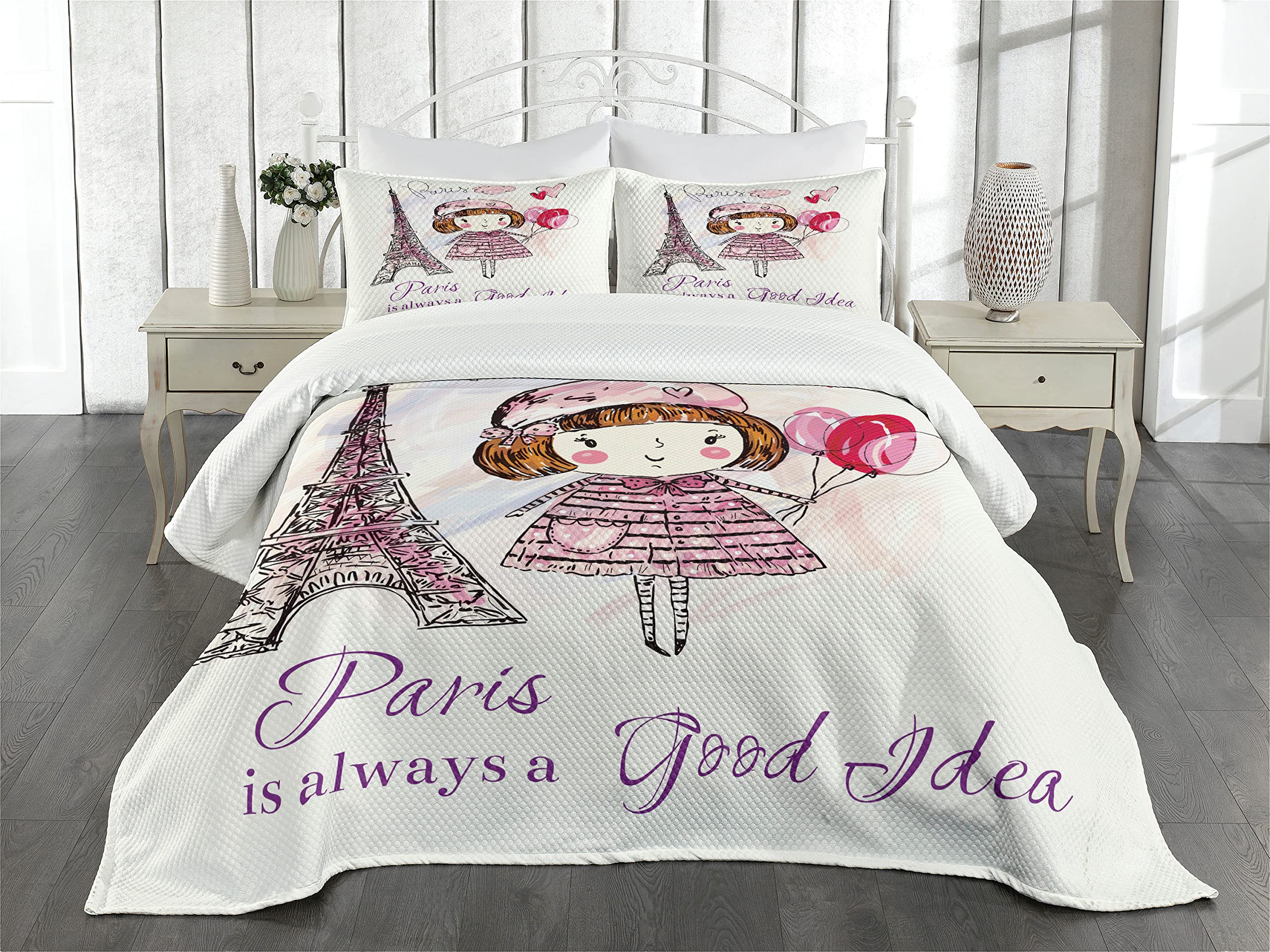 Ambesonne Paris 3-Piece Queen Size Bedspread Set with Little Girl Holding Balloons, Hearts, Cloud and Eiffel Tower Illustration - Pale Pink Purple White Decorative Bedding Coverlet & 2 Pillow Shams | Perfect for Girls' Bedroom, Nursery Decor, Paris-Themed Room, and Gift Ideas