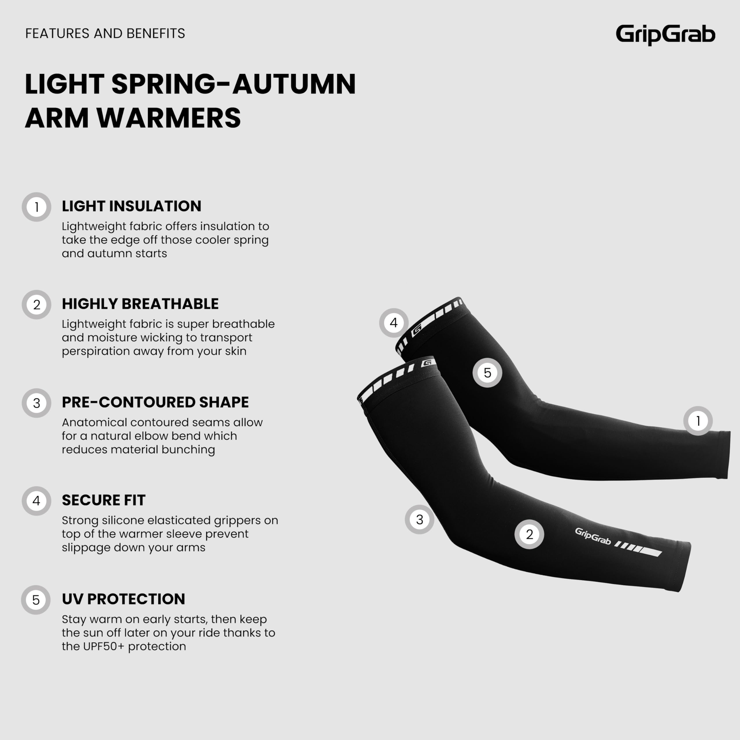 GripGrab Lightweight Thermal Arm Warmers for Cycling - Spring & Fall Bike Sleeves - Thin & Warm Bicycle Arm Protection for Road Biking, Mountain Biking & Outdoor Sports