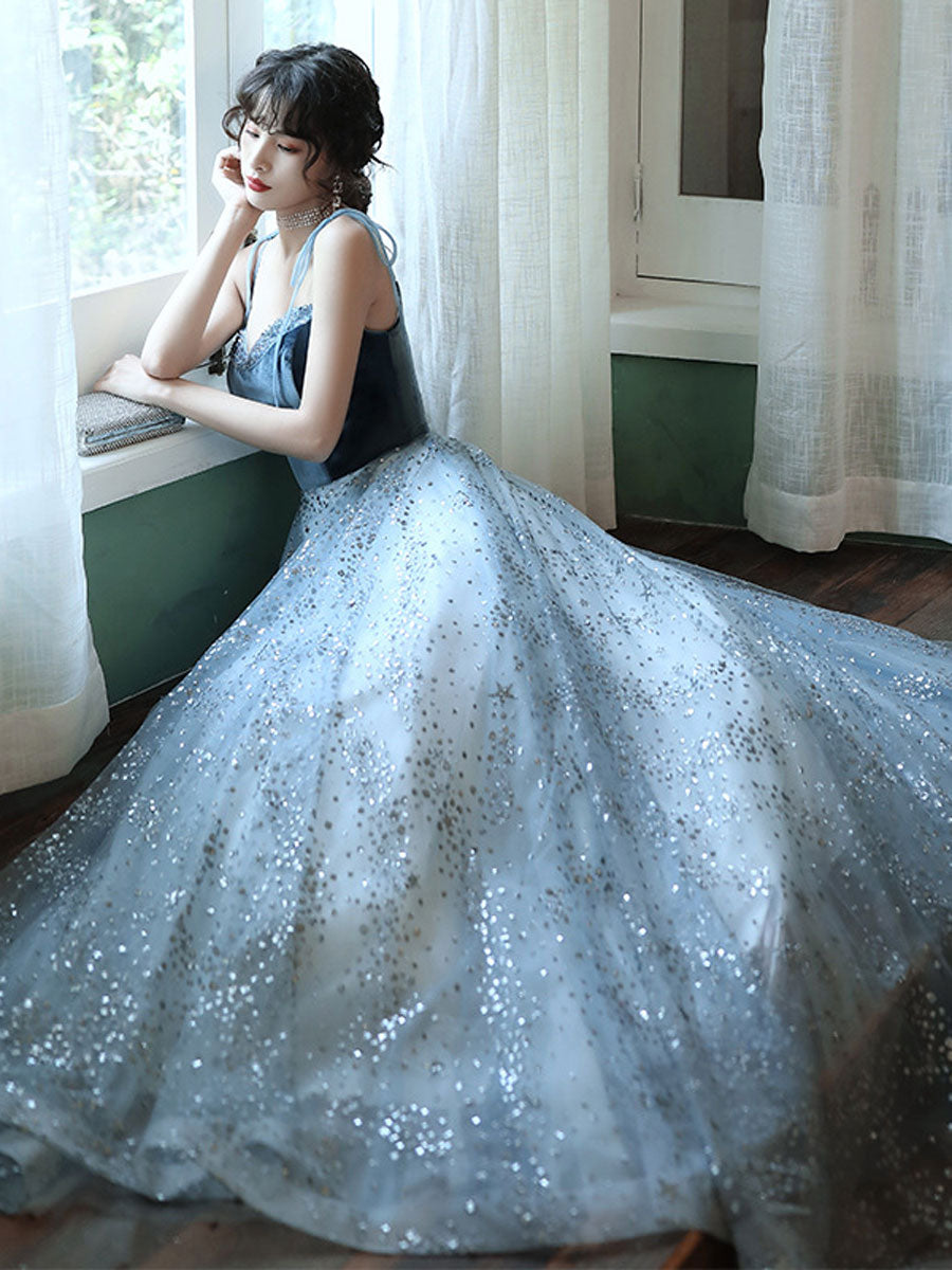 Elegant A-Line Blue Tulle & Velvet Long Prom Dress with Beading Sequins - Perfect for Graduation, Homecoming & Formal Events