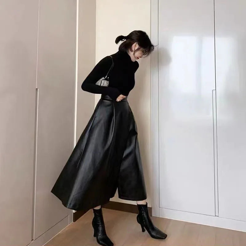 Women's High Waisted PU Leather Long Skirt - Elegant Black Midi Split Skirt for Autumn Winter Fashion | Streetwear, Office Wear & Night Out Outfits