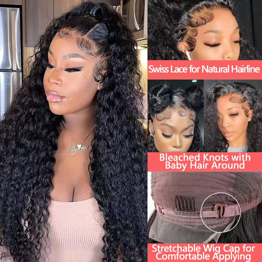 30 Inch Deep Wave Lace Front Wigs Human Hair - Pre Plucked 13x6 HD Lace Frontal Wig 180% Density - Glueless Deep Curly Human Hair Wig for Black Women - Perfect for Daily Wear, Cosplay & Special Occasions