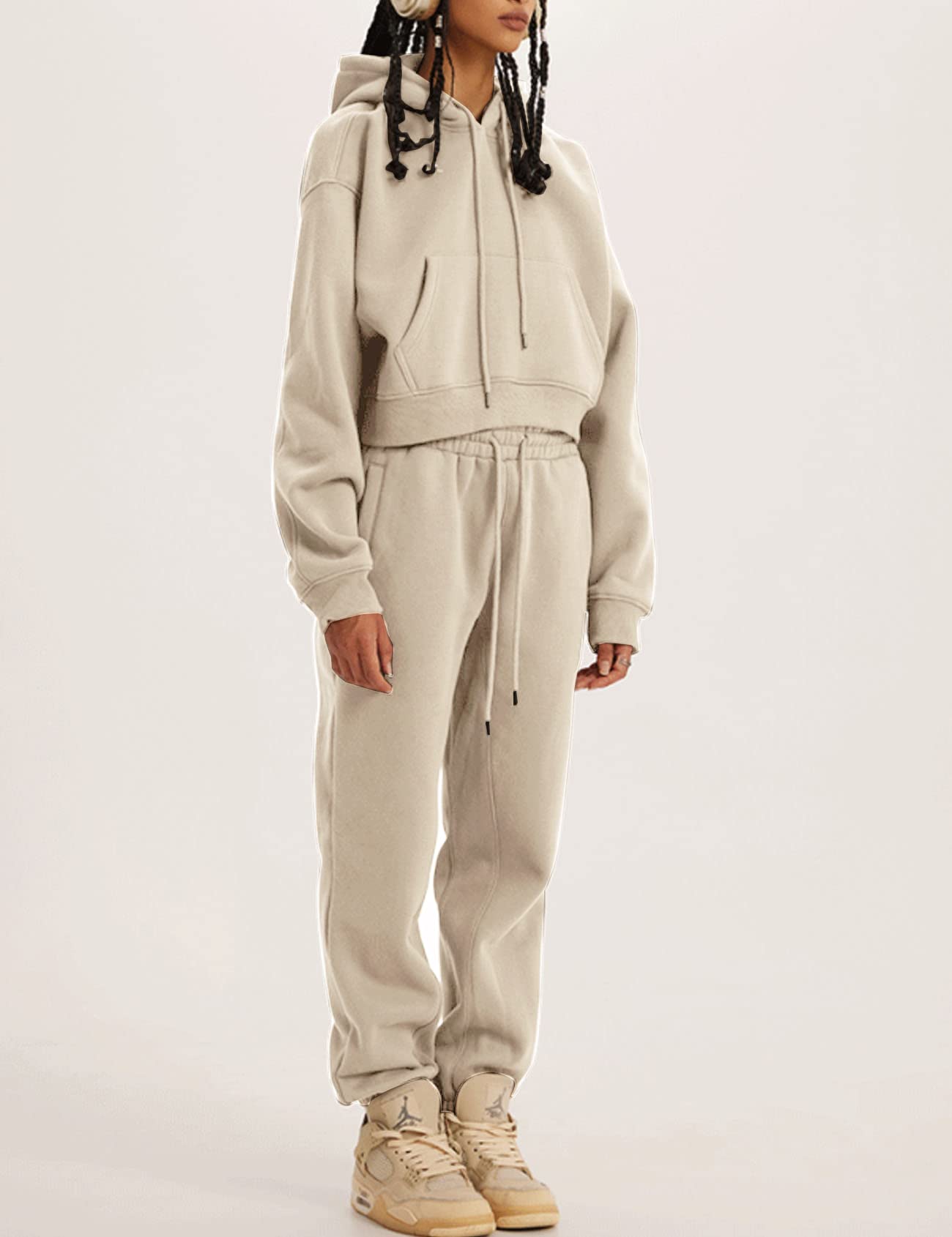 CozyPoin Women's Fleece 2-Piece Sweatsuit Set - Soft Crop Top & Pants Hoodie Tracksuit for Lounge, Workout & Casual Wear | Winter Comfort Outfit