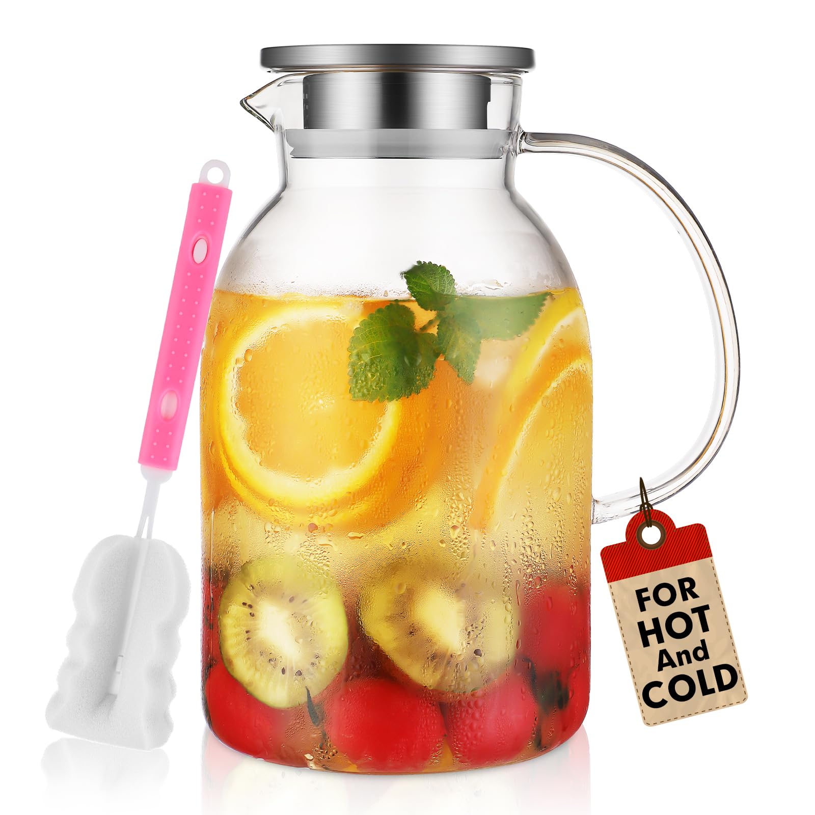 75oz Glass Pitcher with Lid & Free Brush - Heat Resistant Water Pitcher with Spout - Iced Tea, Juice & Beverage Carafe - Perfect for Fridge Storage & Entertaining - BPA-Free Large Capacity Pitcher for Lemonade, Cocktails & Party Drinks