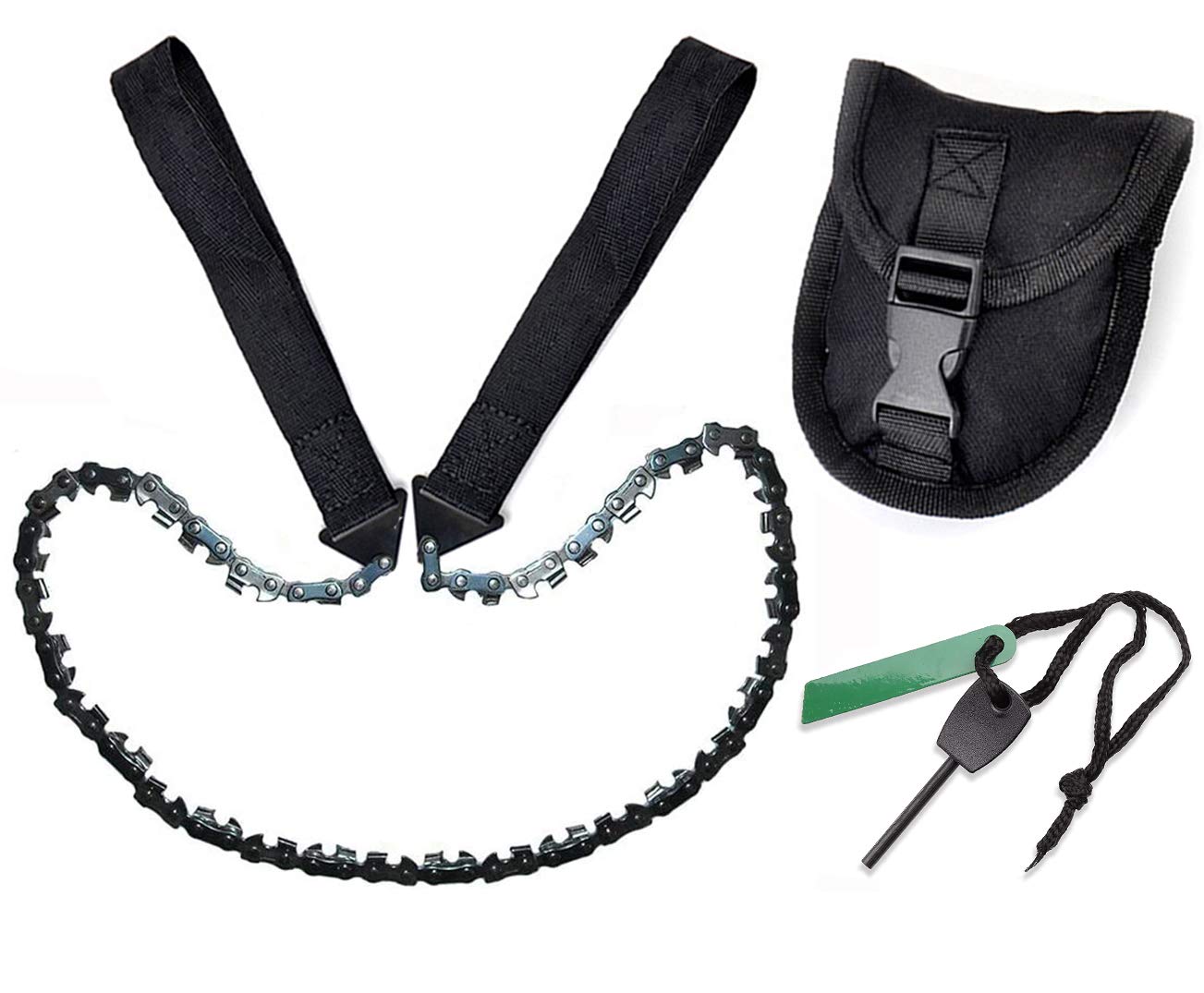 33 Teeth Pocket Chainsaw - 3X Faster Emergency Outdoor Survival Gear with Fire Starter & Carry Pouch | Folding Chain Hand Saw for Camping, Tree Cutting, Hiking, Backpacking | Perfect for Wilderness Survival, Bushcraft & Emergency Preparedness (Black Handle, 25inch, 33 Teeth)