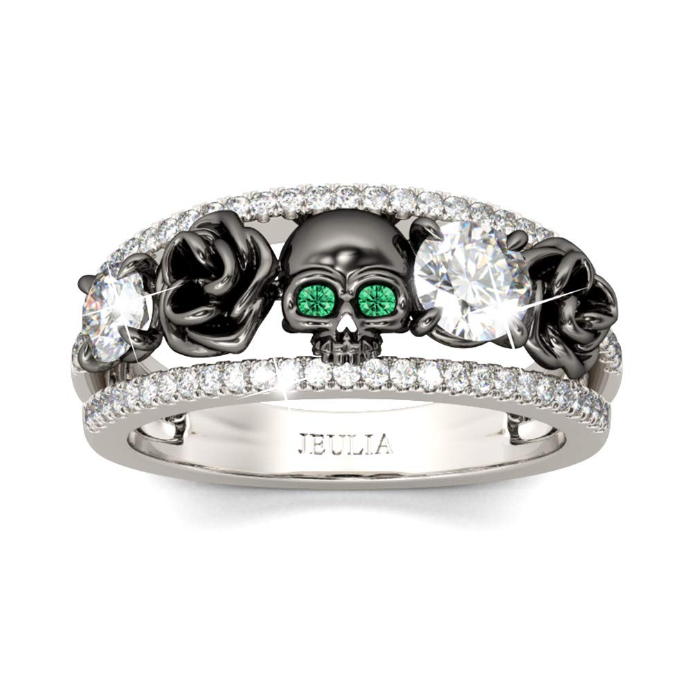 Jeulia Sterling Silver Skull Ring for Women & Men - Round Cut Diamond & Emerald Birthstone CZ Wedding Band, Black Plated Floral Engagement Promise Ring - Anniversary Gift with Jewelry Box | Gothic Jewelry, Punk Fashion Accessory, Couple Rings for Valentine's Day