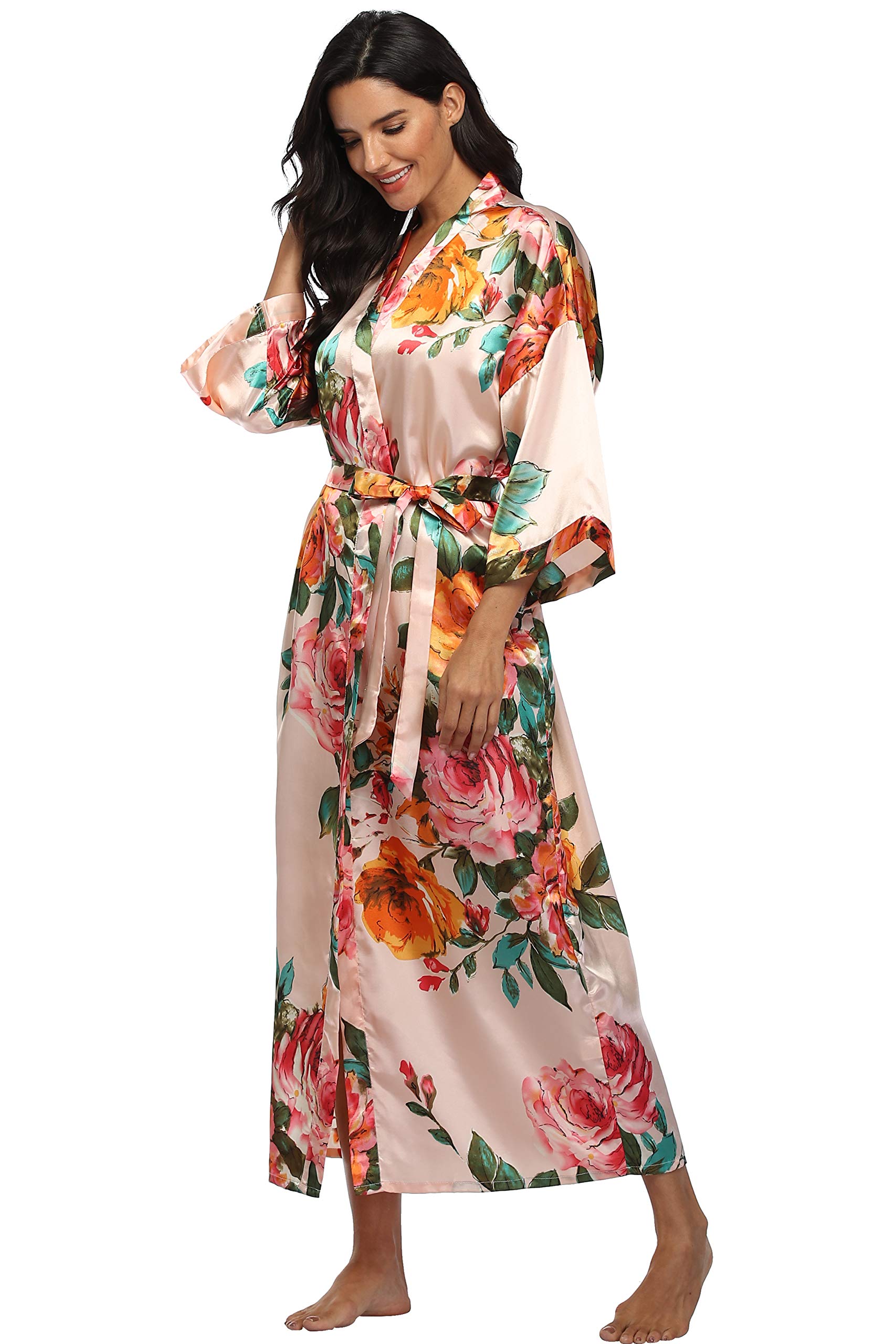 Women's Silk Kimono Robe - Long Floral Bridesmaid Robe, Satin Wedding Party Bridal Robe, Dressing Gown & Loungewear for Spa, Honeymoon & Relaxation at Home