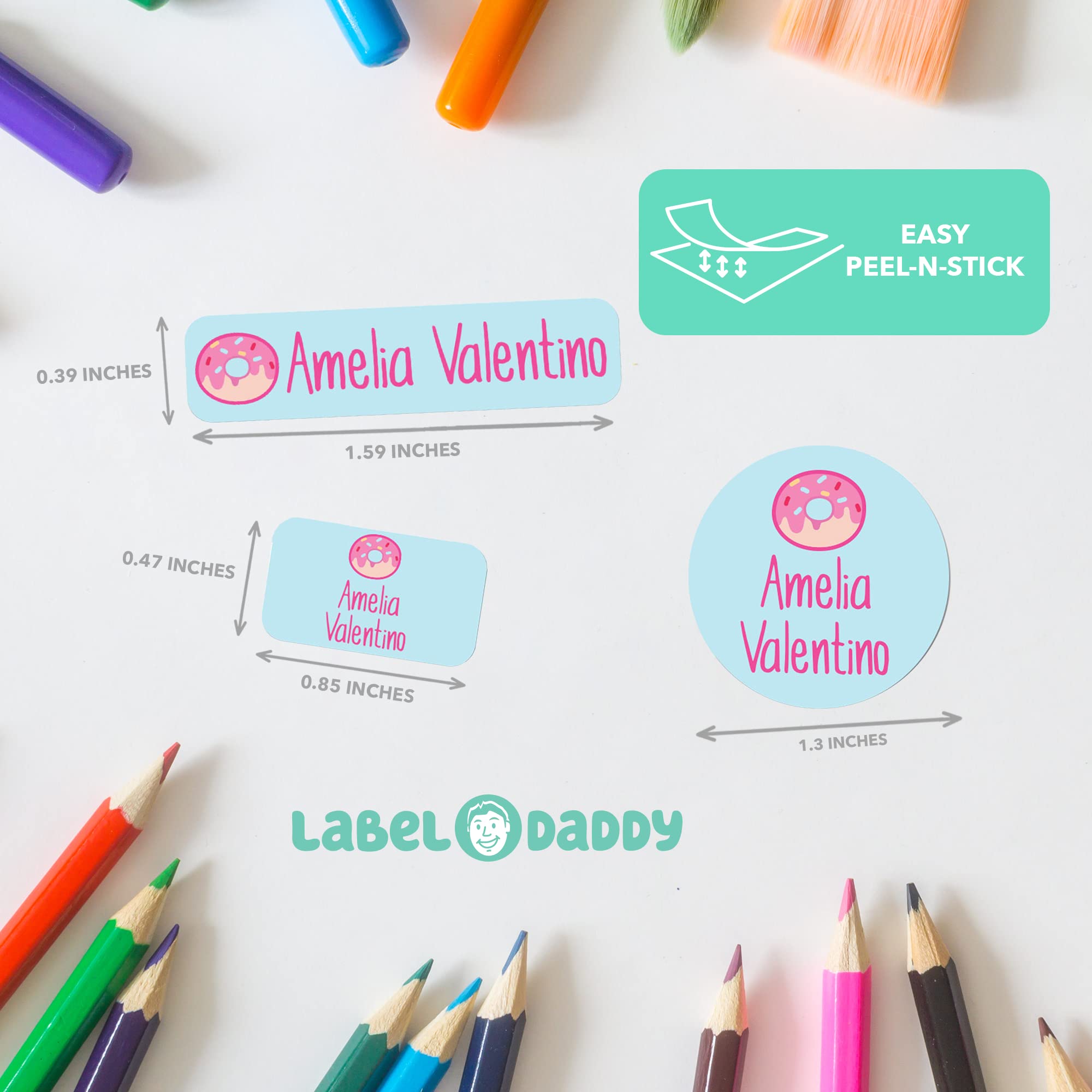 Custom Waterproof Name Labels for Kids - Donut Design, 128 Pack | School, Shoes & Lunch Box Labels