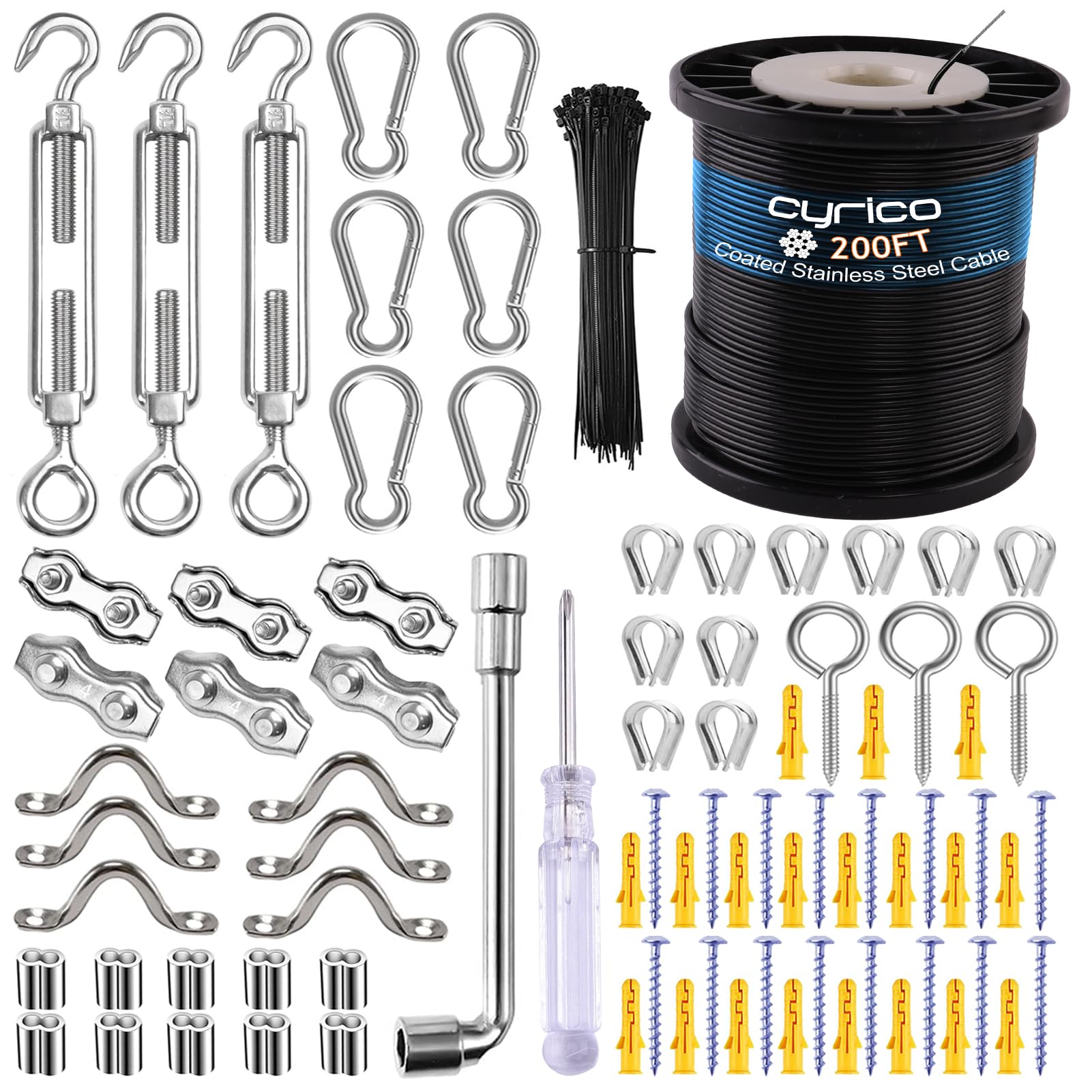 Cyrico 200FT Outdoor String Light Hanging Kit - Nylon Coated Stainless Steel 304 Wire Rope with Turnbuckle & Accessories - Perfect for Patio, Garden, Backyard & Wedding Decor Lighting