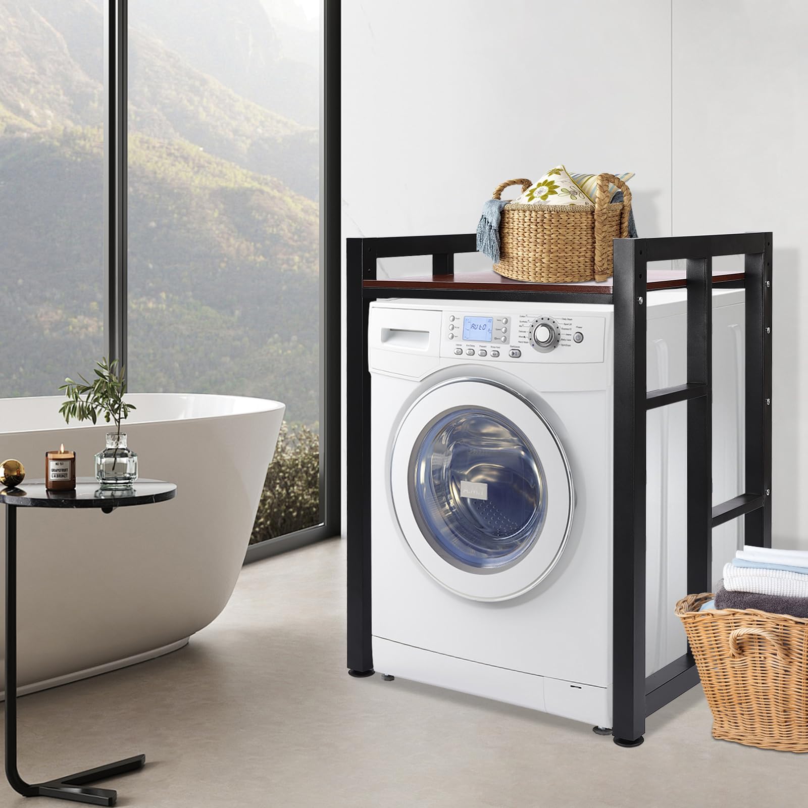 Heavy Duty Washer Dryer Stacking Rack Stand - Adjustable Over Washer & Dryer Shelves with Space Saving Design - 41.34 Inch Laundry Room Storage Organizer (Black, Teak Color) - Perfect for Small Spaces & Apartment Laundry Organization