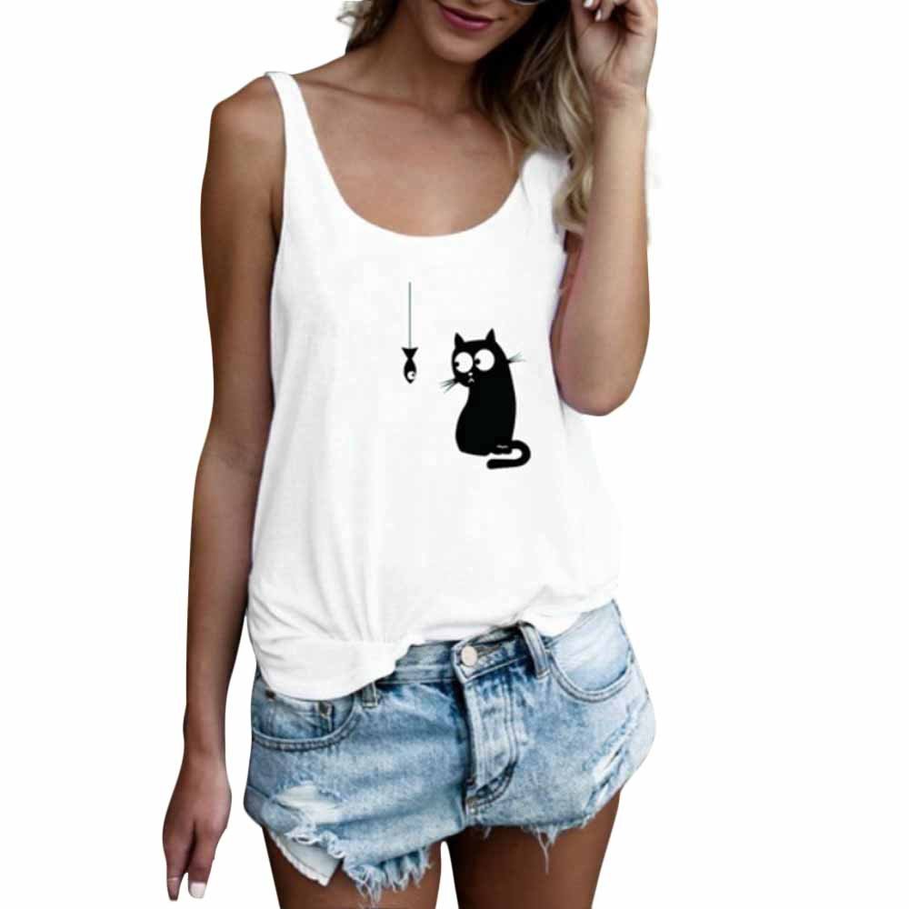 Stylish Cat Print Sleeveless Blouse for Women - Stretchy Casual Tank Top - Perfect for Summer Outfits, Beach Wear & Everyday Fashion