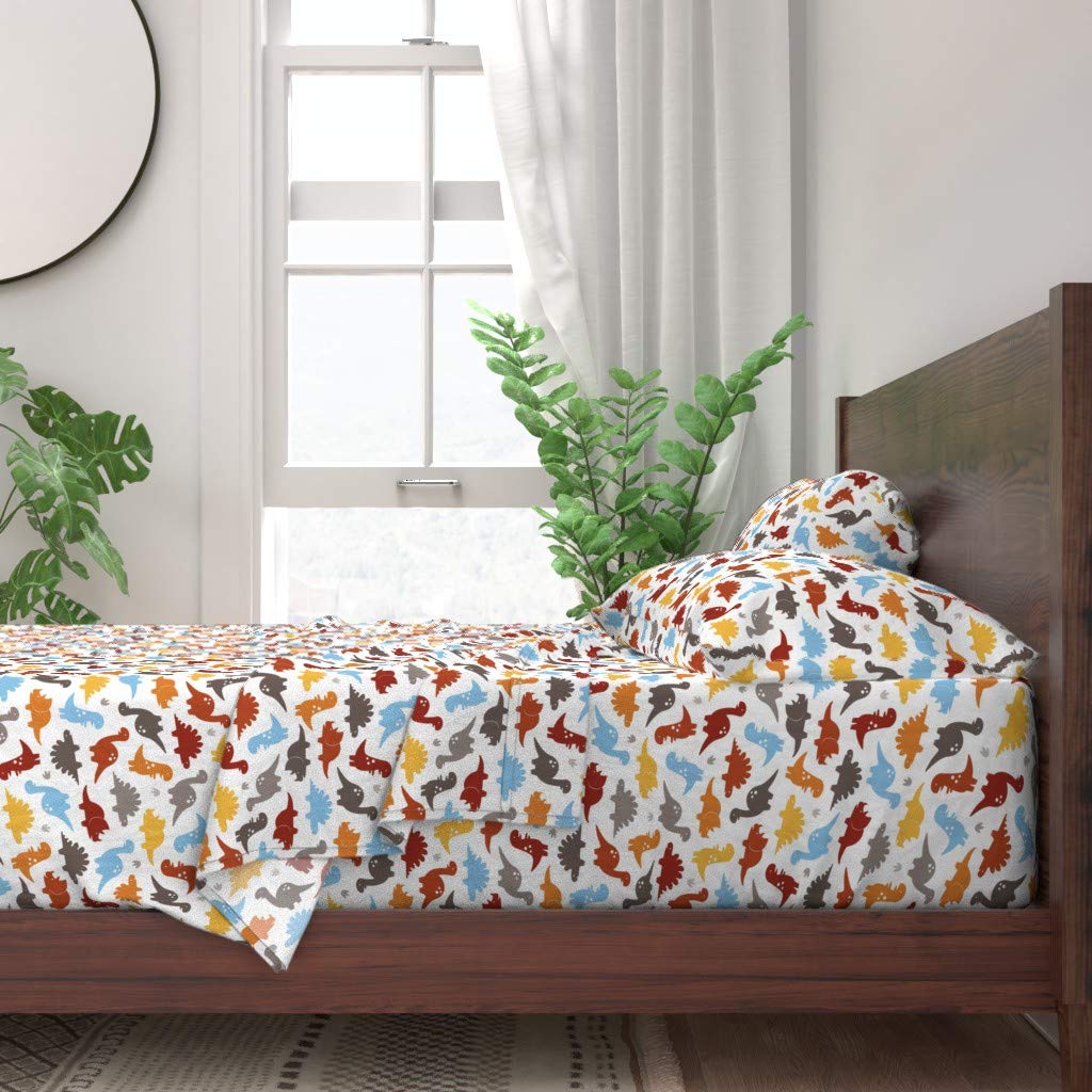 Dino Prehistoric Extinct Boys Room 100% Cotton King Size 4-Piece Bed Sheet Set | Soft & Breathable Custom Printed Bedding for Kids' Room Decor