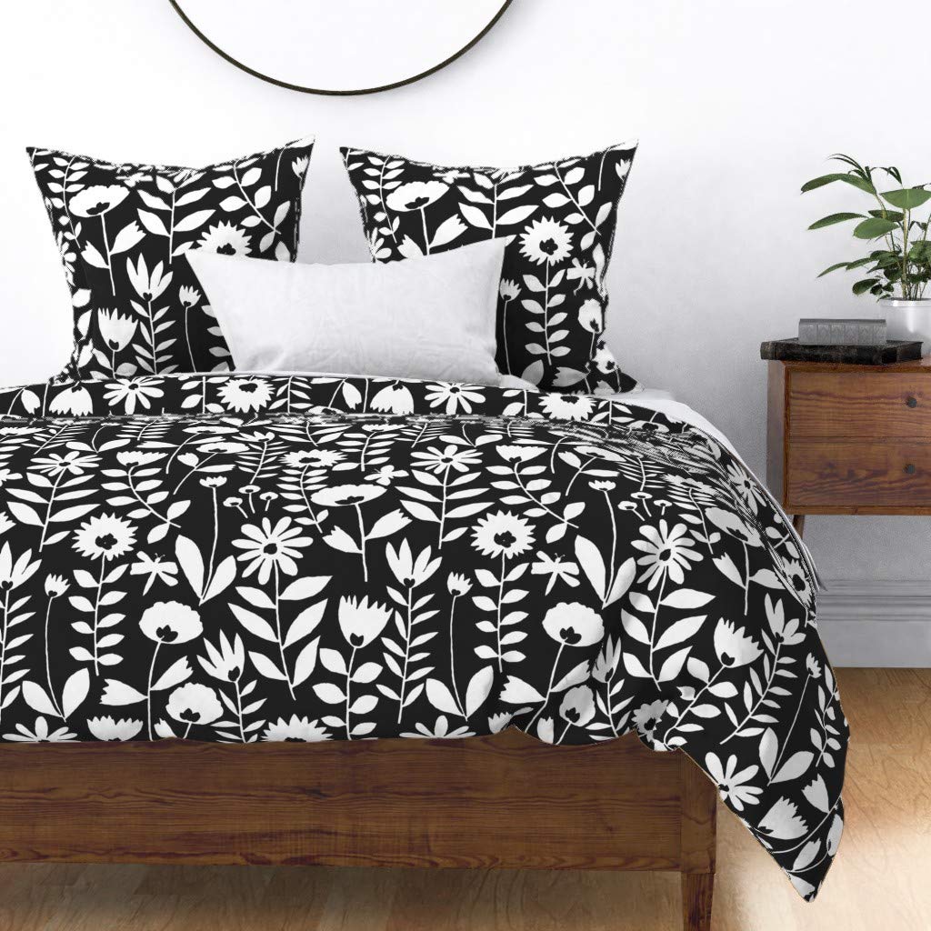Premium Spoonflower Cotton Sateen Duvet Cover - Twin Size Floral White & Black Scandinavian Design for Modern Bedroom Decor | Soft Custom Bedding for Guest Rooms, Dorms & Cozy Home Styling