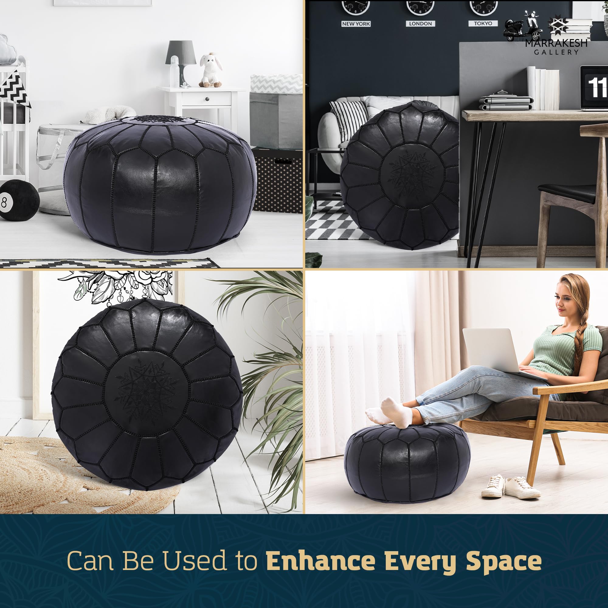 Genuine Leather Moroccan Round Pouf Ottoman - Unstuffed Footstool Cover for Boho Decor, Living Room, Bedroom & Kids Room - Perfect Wedding Gift & Home Accent - Handcrafted in Marrakesh Style for Cozy Seating & Stylish Relaxation