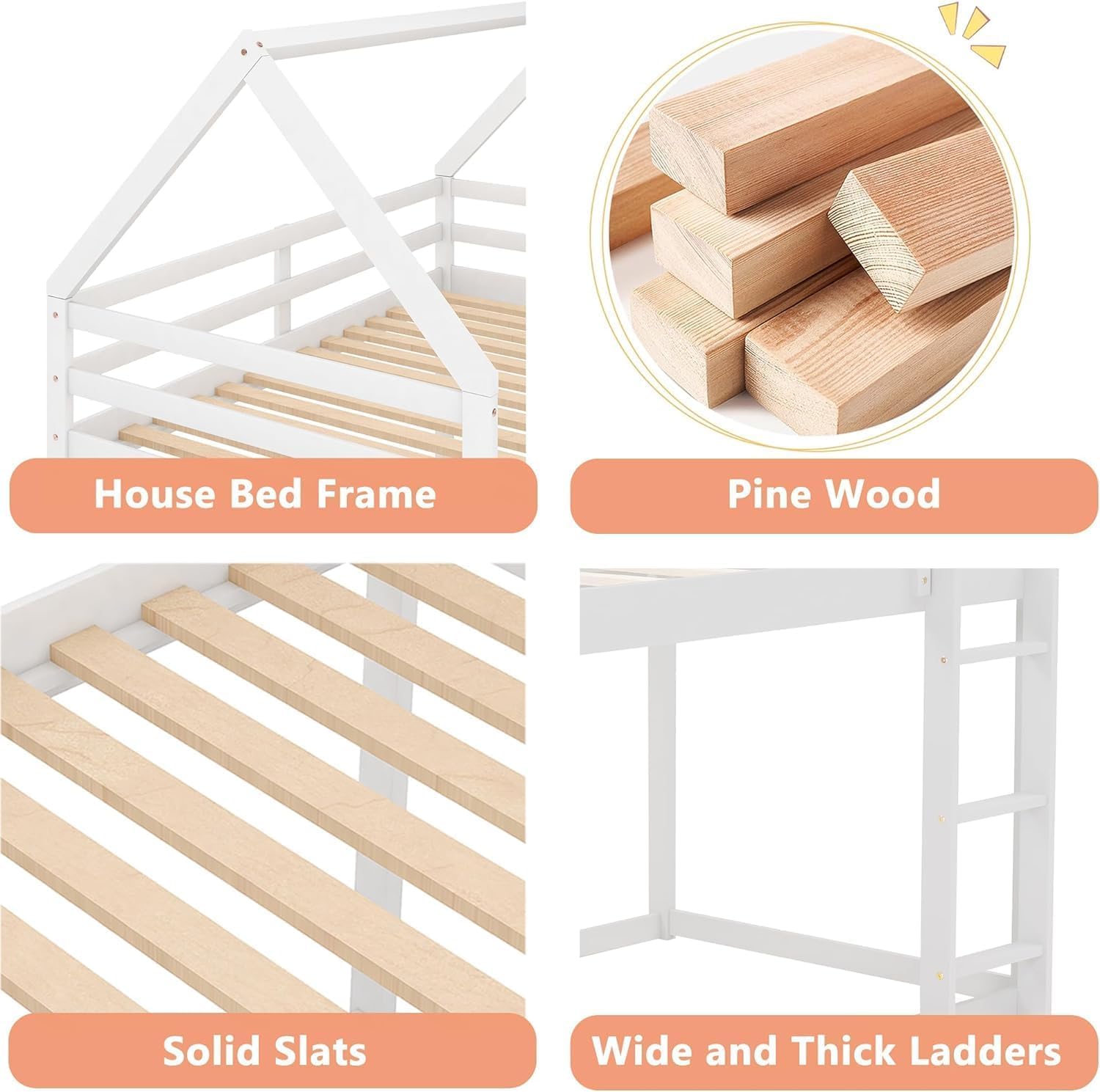 Bellemave Twin Over Twin Kids Bunk Bed with Ladder & Guardrails - Solid Wood Low Profile Floor Bunk Bed for Boys & Girls - Space Saving Twin Size Bunk Bed for Small Rooms, Dorms, or Shared Kids Bedrooms - White
