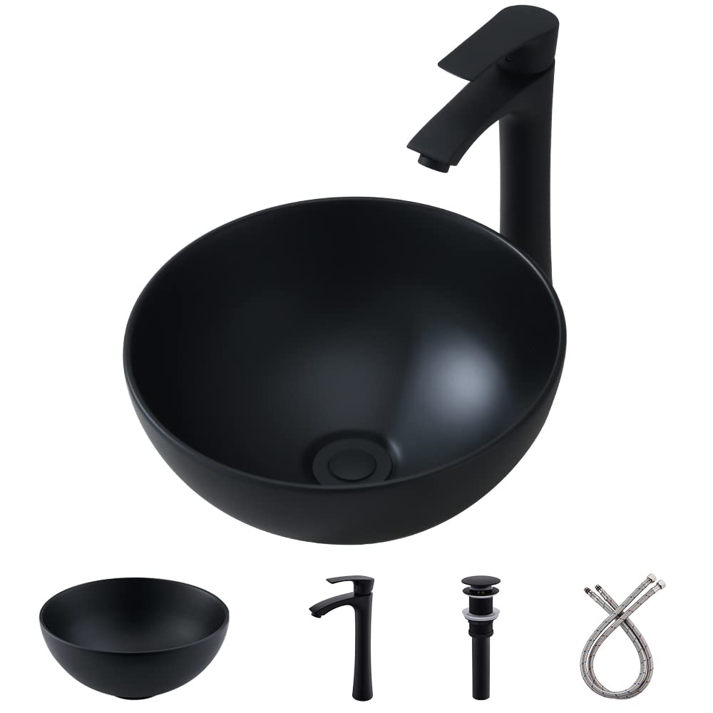 Bokaiya 13x13 Inch Matte Black Porcelain Vessel Sink with Faucet and Pop-Up Drain Combo - Round Above Counter Bathroom Sink for Modern Vanity, Powder Room or Guest Bath Decor